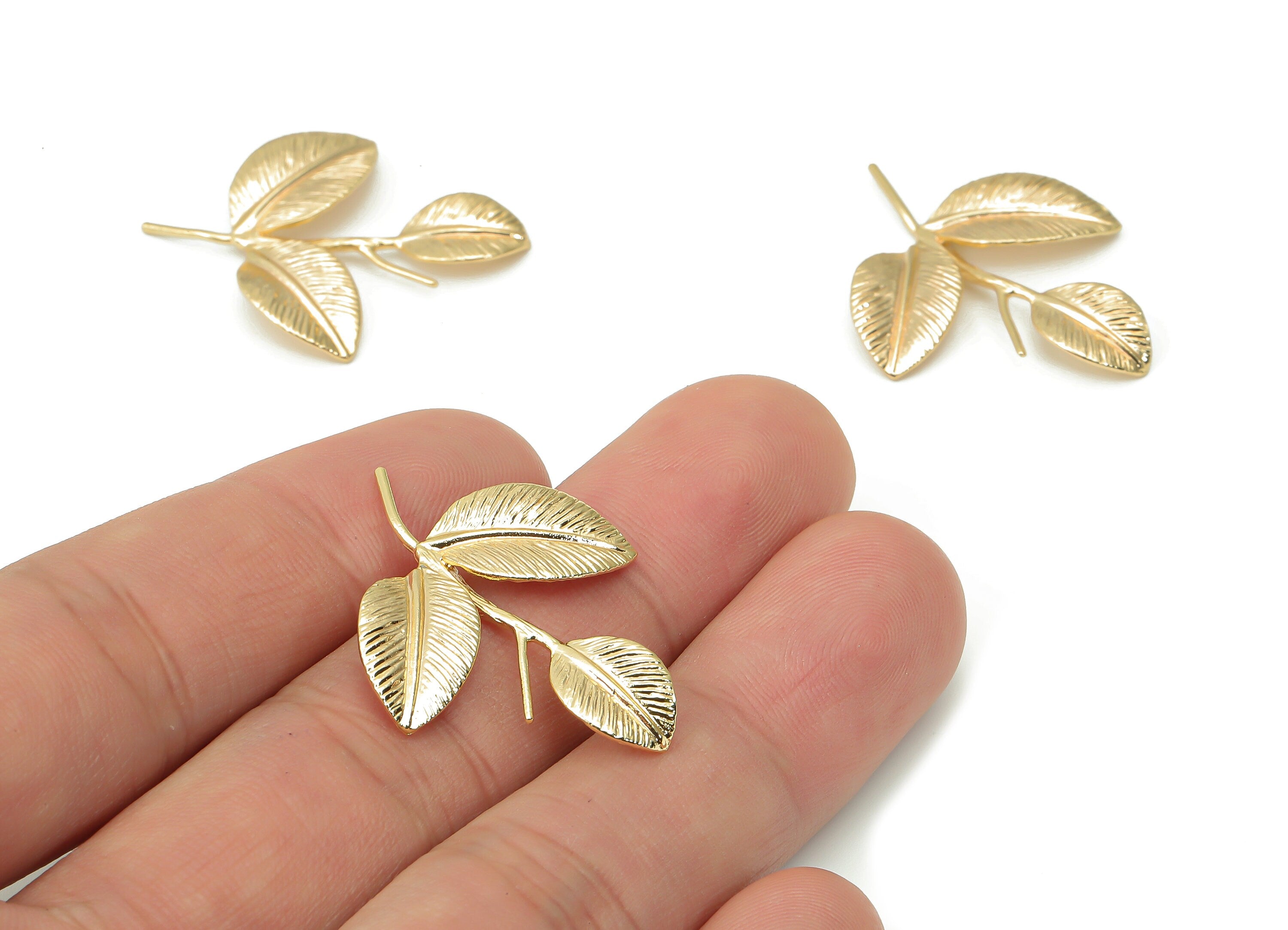 Brass Texture Leaves Earring Brooch - Gold Leaf Branch Figure Pendant - 18K Real Gold Plated Brass - 33.88x26.22x1.1mm - RGP4480 - DOMEDBAZAAR