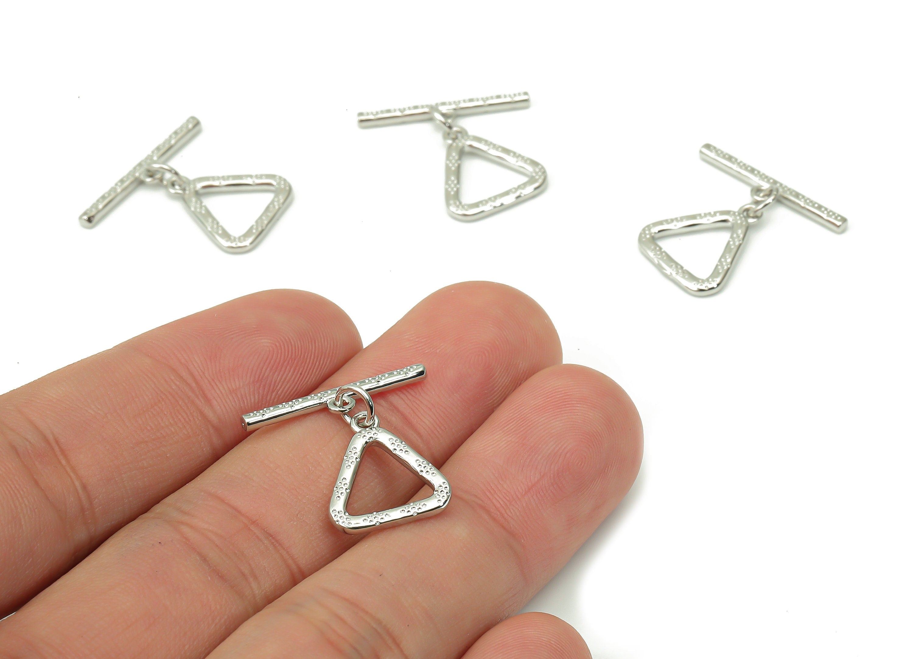 Brass Hammered Triangle Toggle Clasps – White Gold Triangle Toggle Clasp - 18K Real White Gold Plated Brass –20.16x21.15x1.54mm - RGP4531S - DOMEDBAZAAR