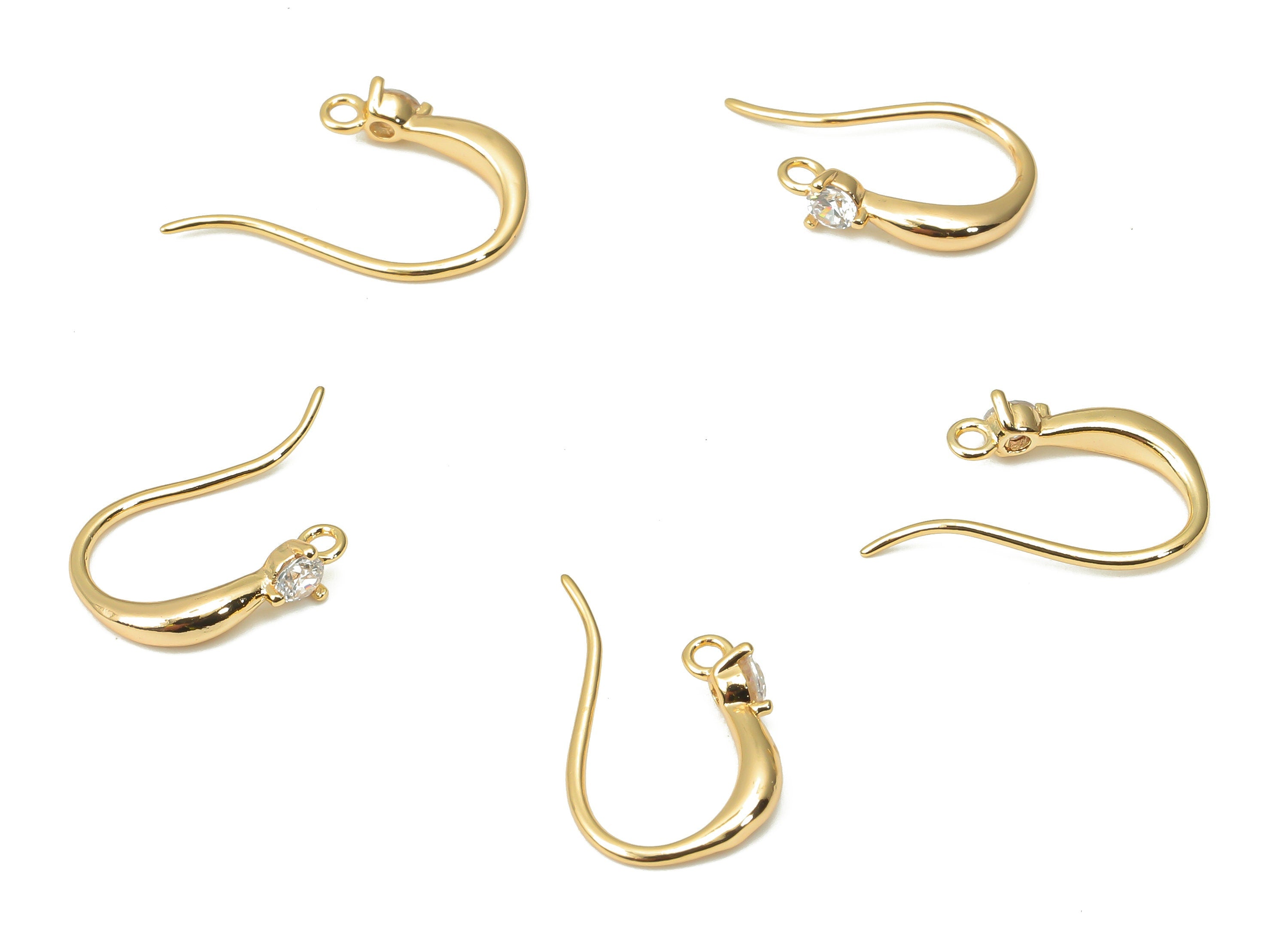 Brass Earring Hooks with Zircon - Gold Earring Wires - Brass Ear Hooks Findings - 18K Real Gold Plated Brass - 15.82x9.4x2mm - RGP4524 - DOMEDBAZAAR