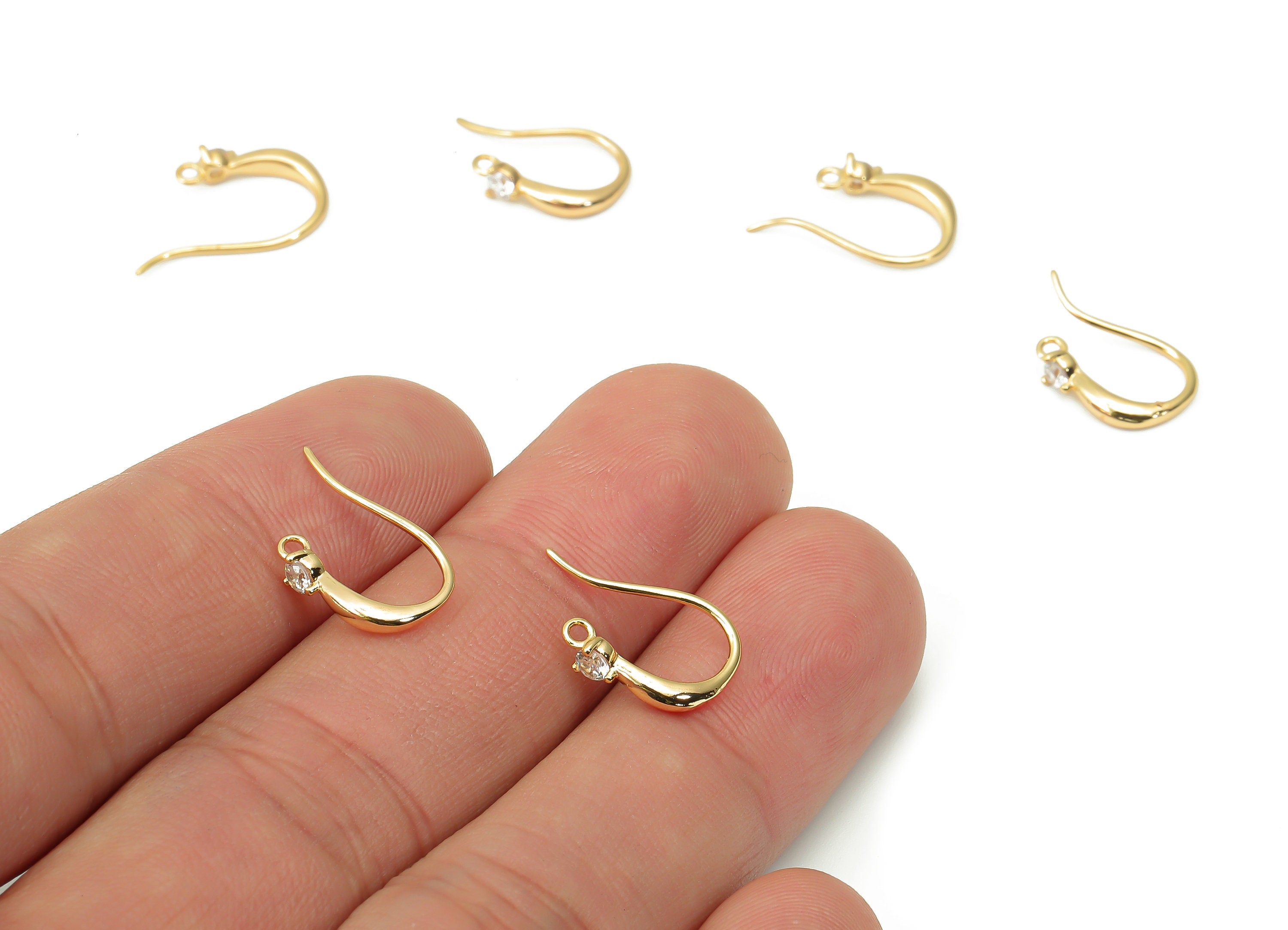 Brass Earring Hooks with Zircon - Gold Earring Wires - Brass Ear Hooks Findings - 18K Real Gold Plated Brass - 15.82x9.4x2mm - RGP4524 - DOMEDBAZAAR
