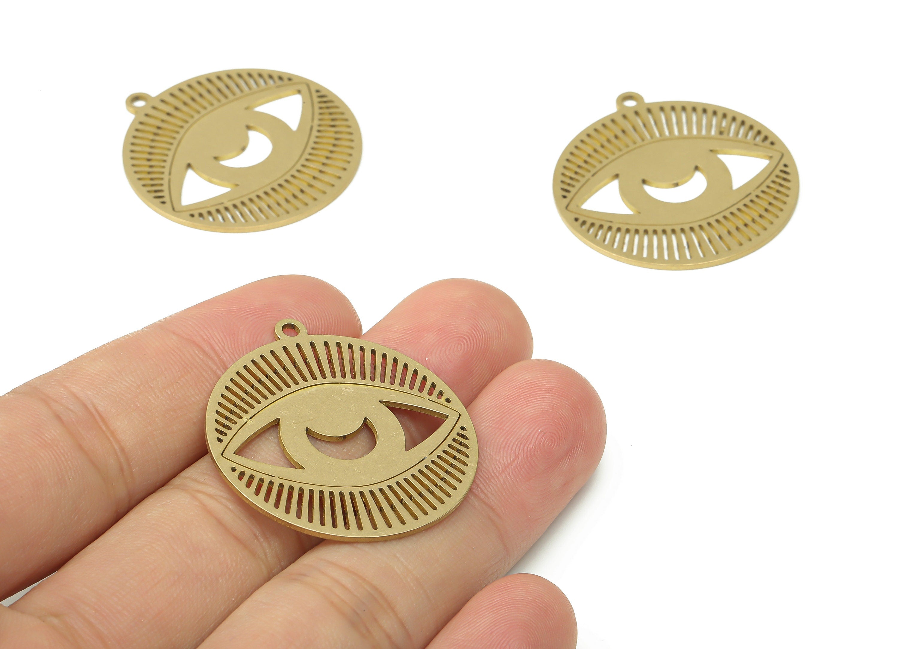 Brass Eye Crescent Triangle Earring Charms - Raw Brass Moon Eyelash Pendant - Earring Charms for Jewelry Making - 34.6x31.8x0.9mm - PPA3627 - DOMEDBAZAAR