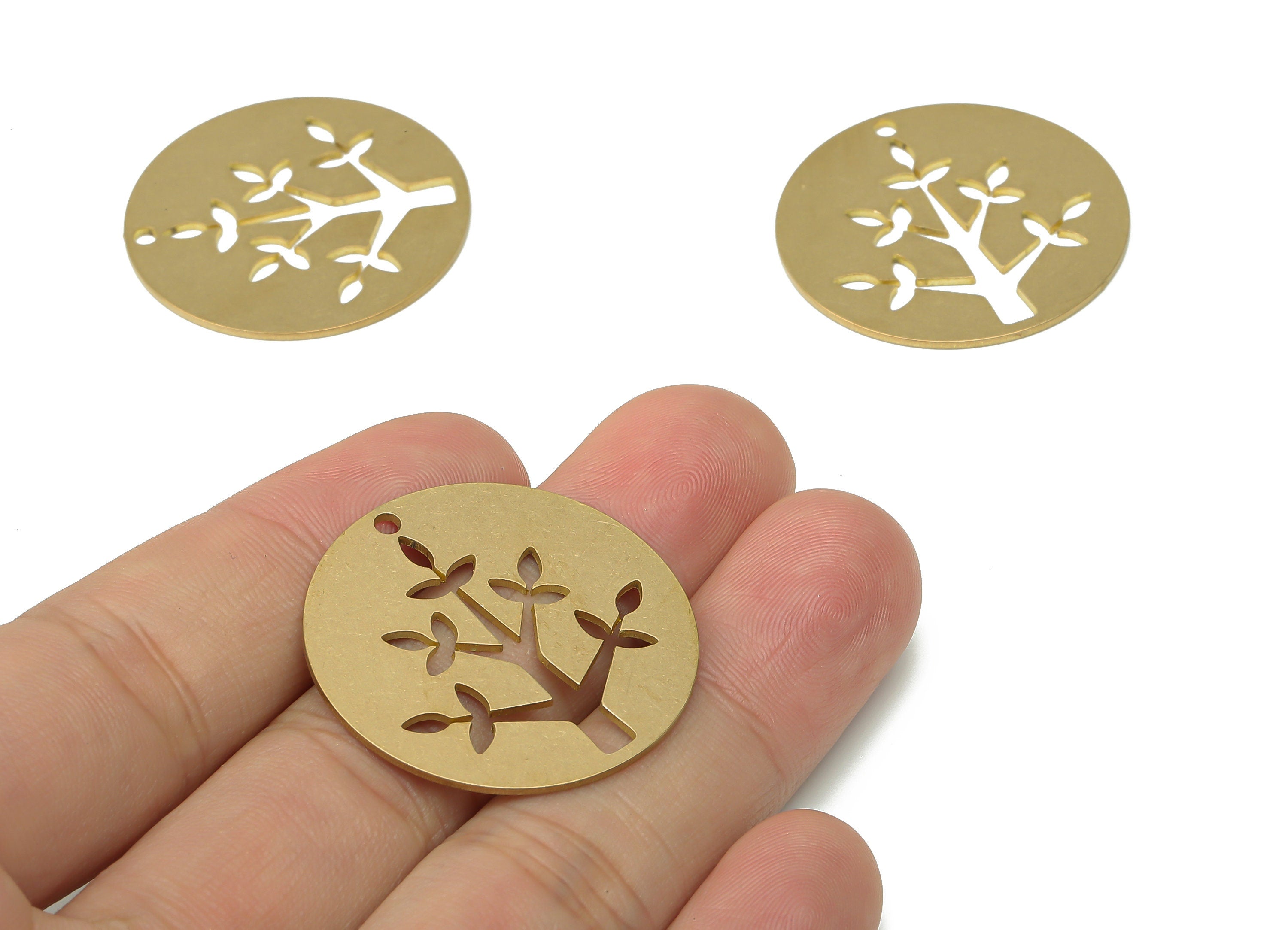 Brass Round Botanical Tree Root Earring Charms - Raw Brass Leaves Tree Pendant - Jewelry Making Supplies - 29.78x29.78x0.63mm - PPA3789 - DOMEDBAZAAR