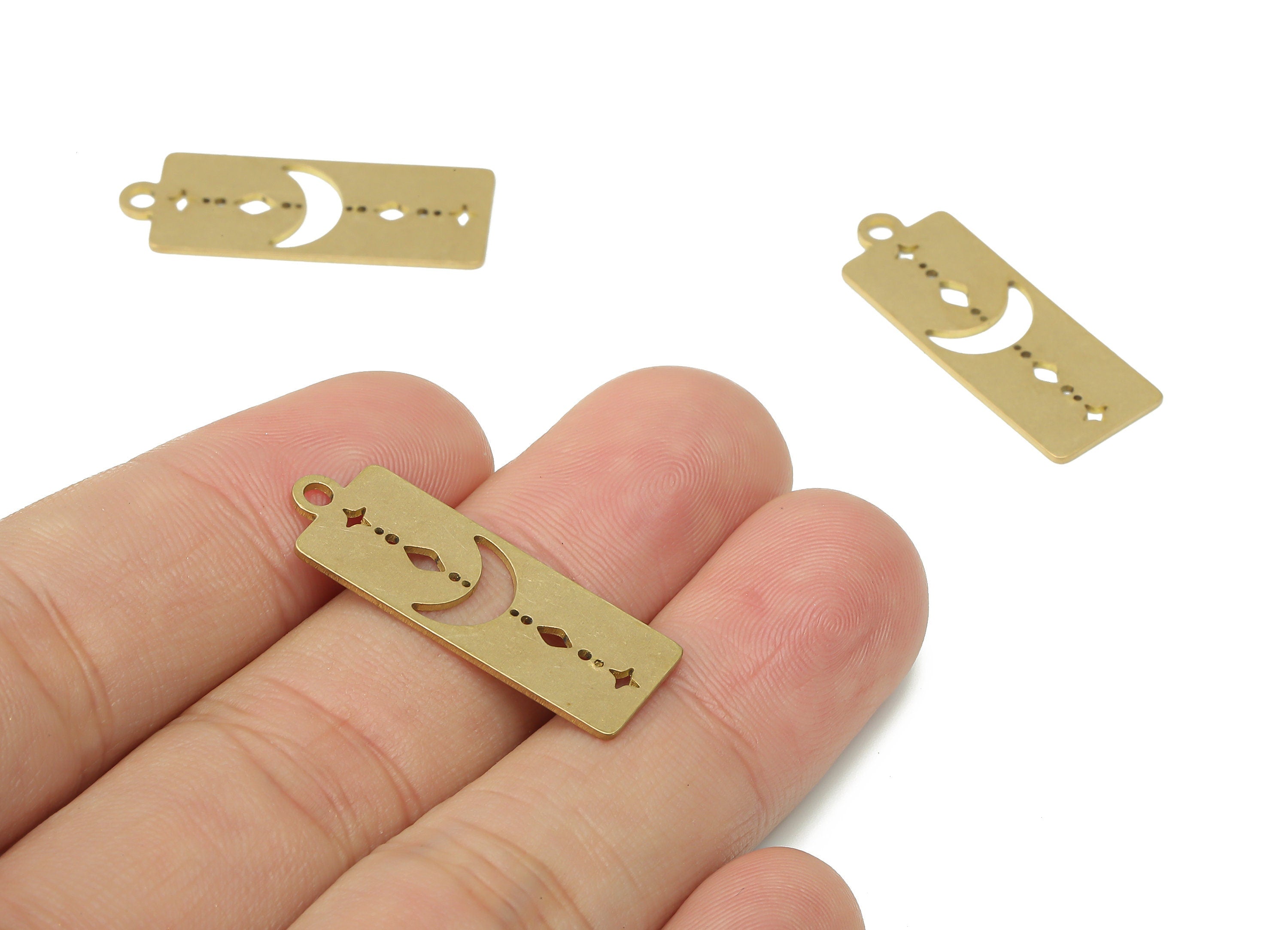 Brass Rectangle Bar Crescent Plant Diamond Moon Earring Charms - Raw Brass Moon Star Pendant - Jewelry Supplies - 29.77x11x0.67mm - PPA3997 - DOMEDBAZAAR