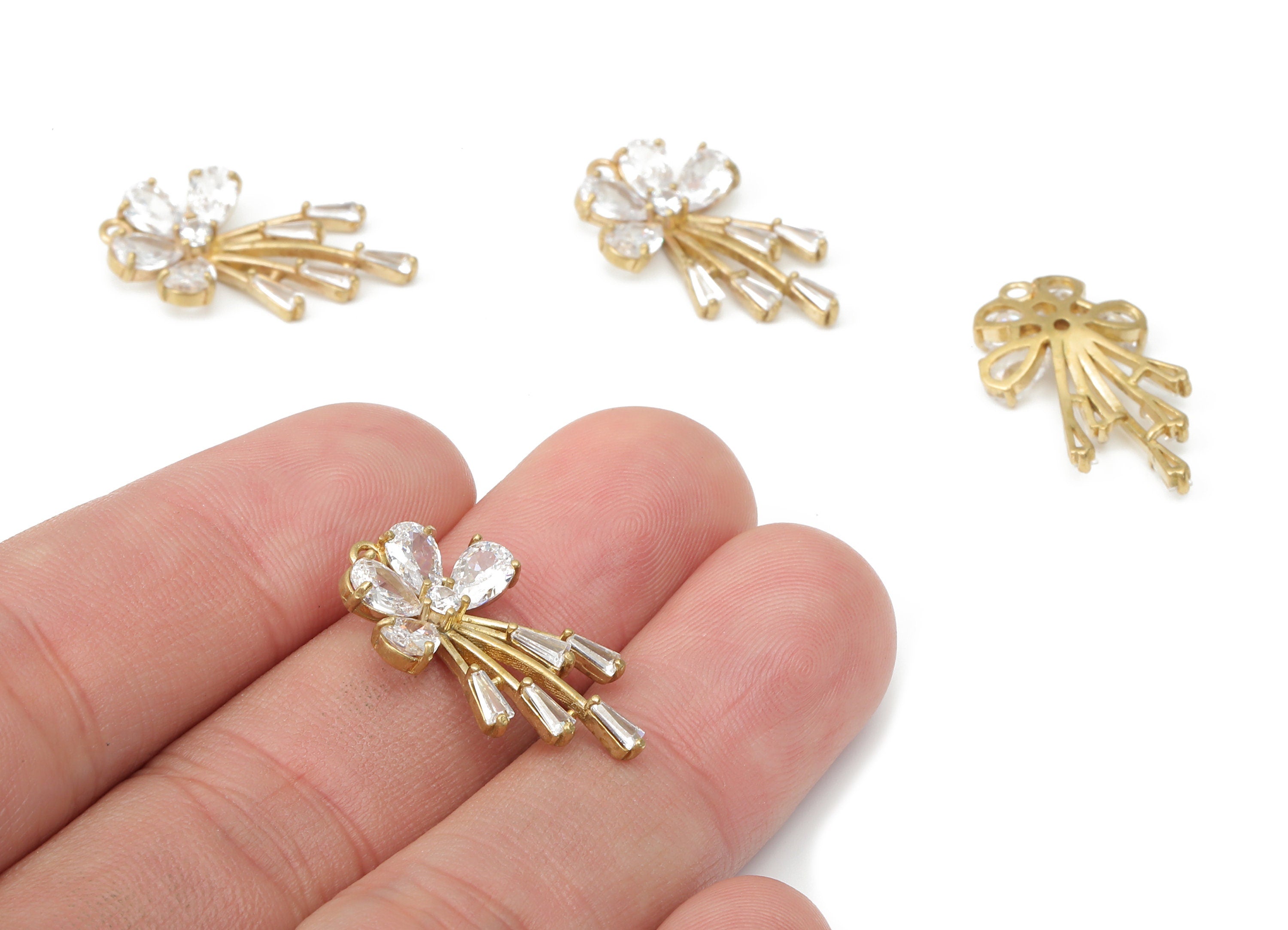 Brass Flower Earring Charms with Zircons - Raw Brass Flower Pendant - Earring Charms for Jewelry Making - 25.24x14.35x3.87mm - PP7431 - DOMEDBAZAAR