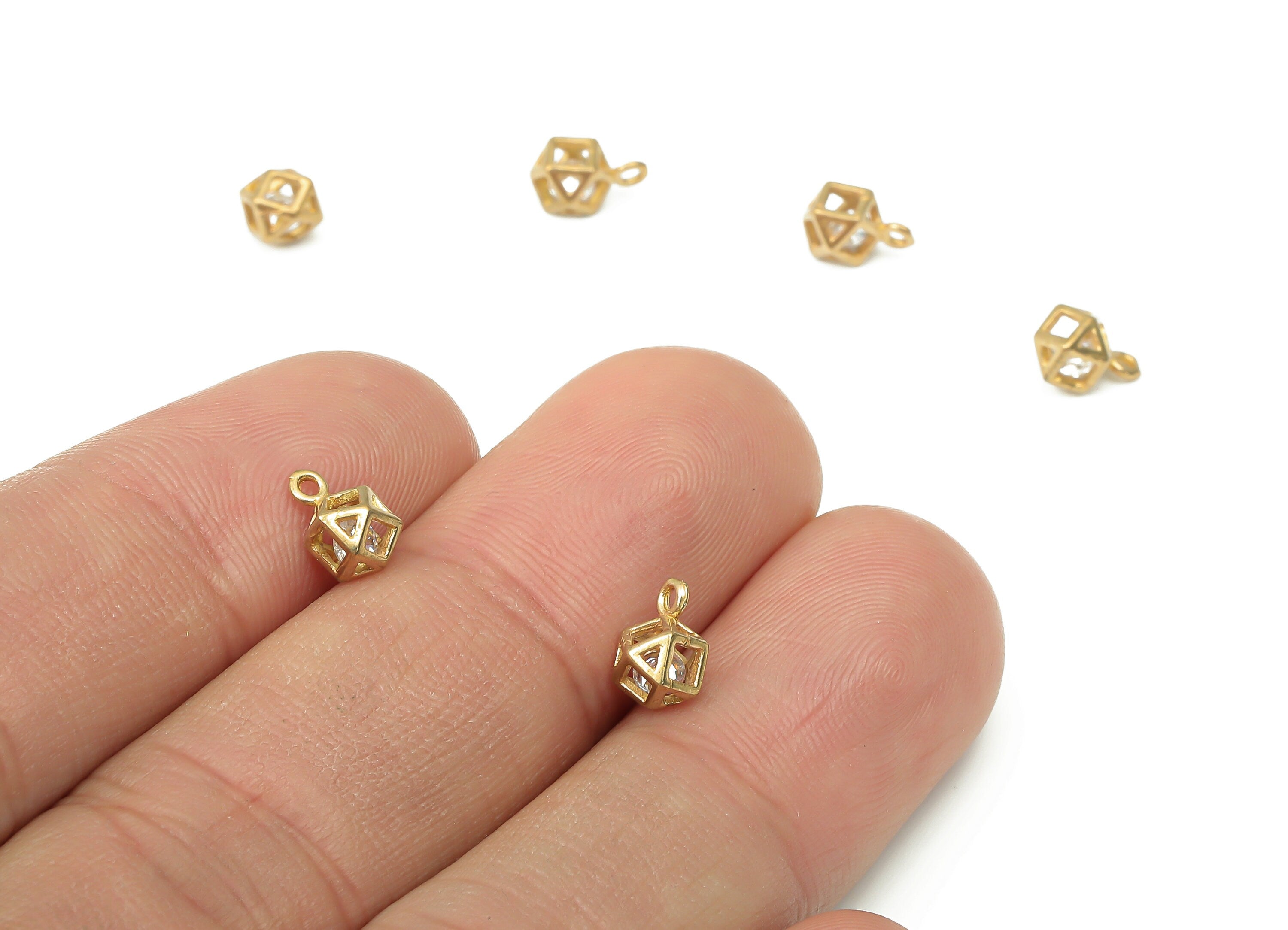 Brass Hexagon Cage Earring Charms with Zircon - Raw Brass Hexagon Pendant - Earring Charms for Jewelry Making - 7.46x4.83x4.83mm - PP7445 - DOMEDBAZAAR