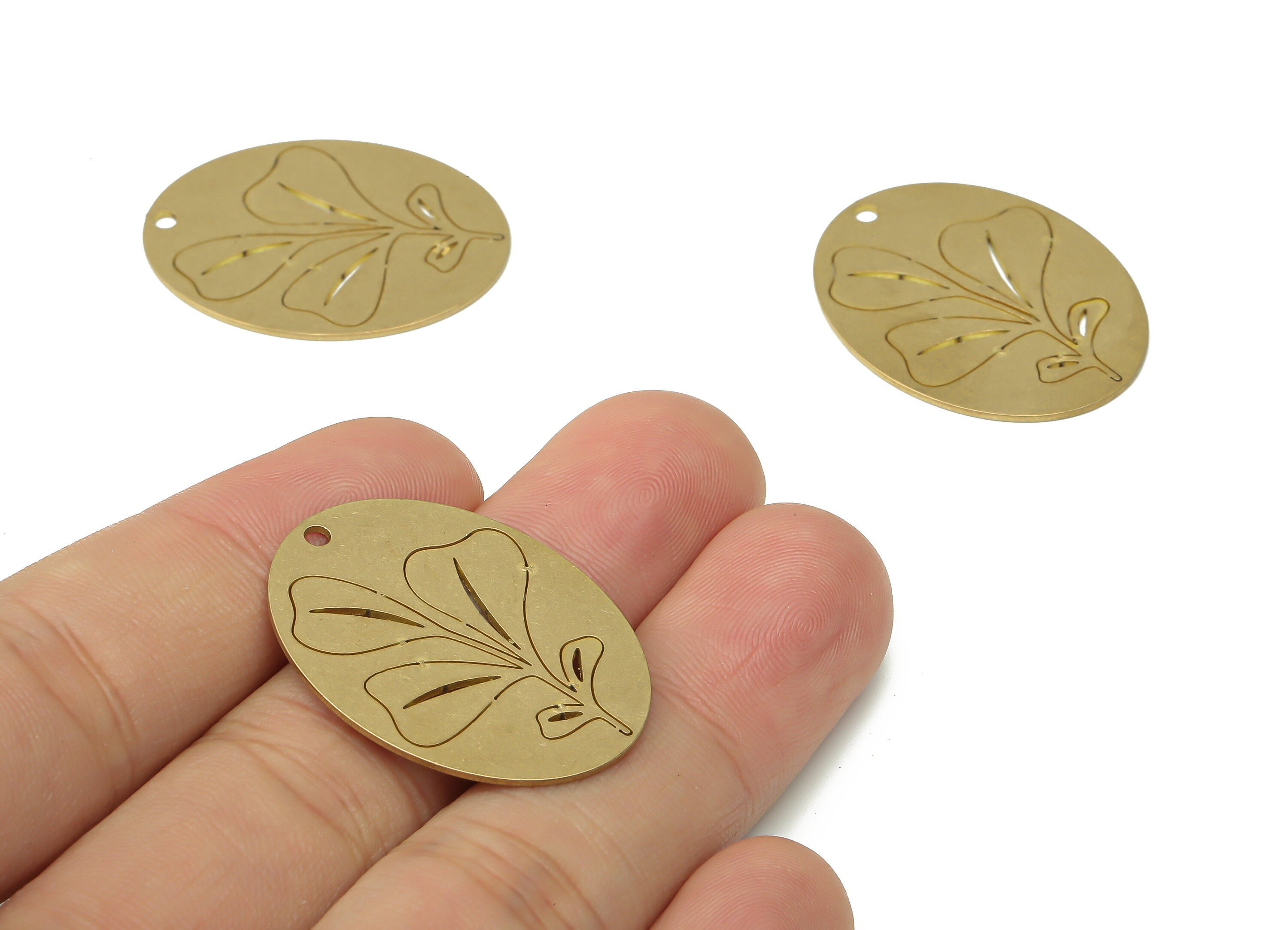 Brass Botanical Long Oval Flower Earring Charms - Raw Brass Abstract Leaves Oval Pendant - Jewelry Making - 31.77x24.3x0.67mm - PPA3832 - DOMEDBAZAAR