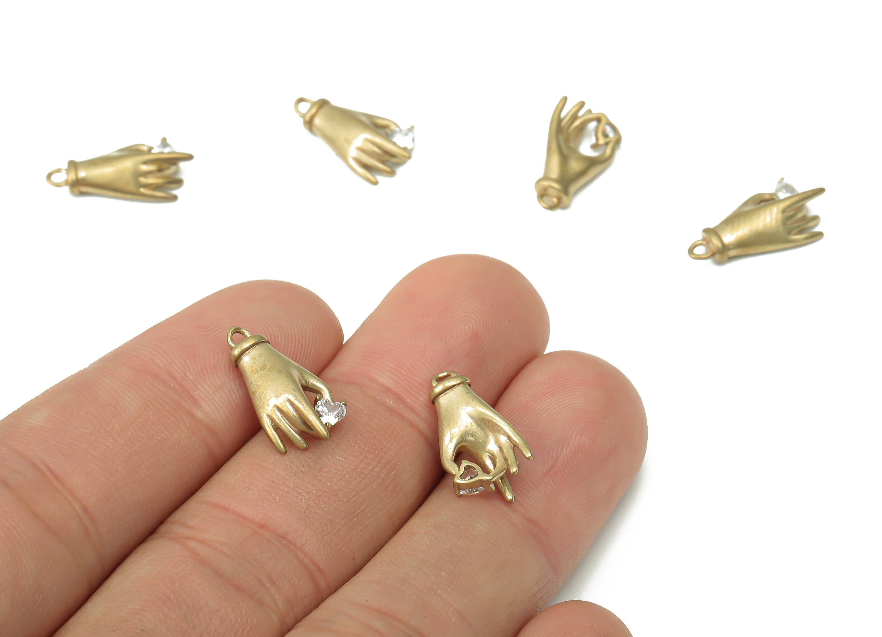 Brass Hand Heart Earring Charms with Zircon - Raw Brass Hand Figure Pendant - Earring Charms for Jewelry Making - 16.95x8.53x3.6mm - PP7446 - DOMEDBAZAAR