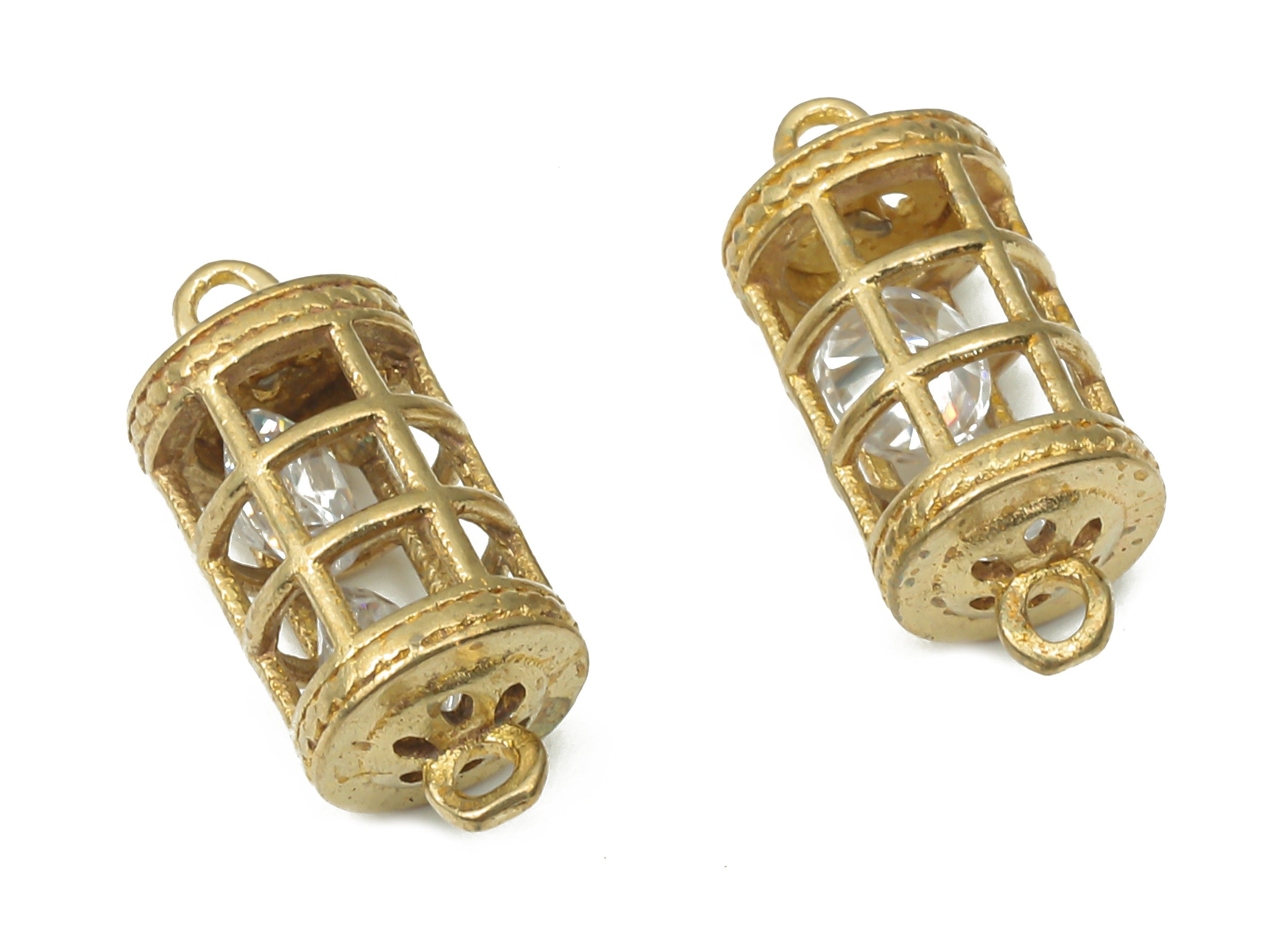 Brass Lantern Earring Connectors with Zircons - Raw Brass Birdcage Charms and Pendant - Jewelry Making Supplies - 15.47x6.39x6.39mm - PP7447 - DOMEDBAZAAR
