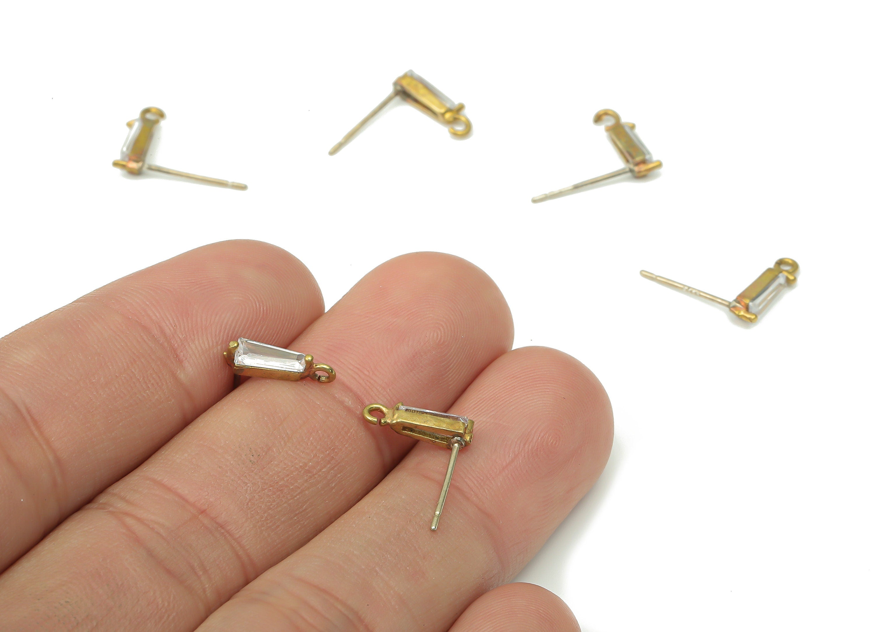 Brass Marquise Earring Stud with Zircon - Raw Brass Long Oval Post with Loop - Imitation Silver Stud - 11.03x2.95x2.4mm - PP7440 - DOMEDBAZAAR