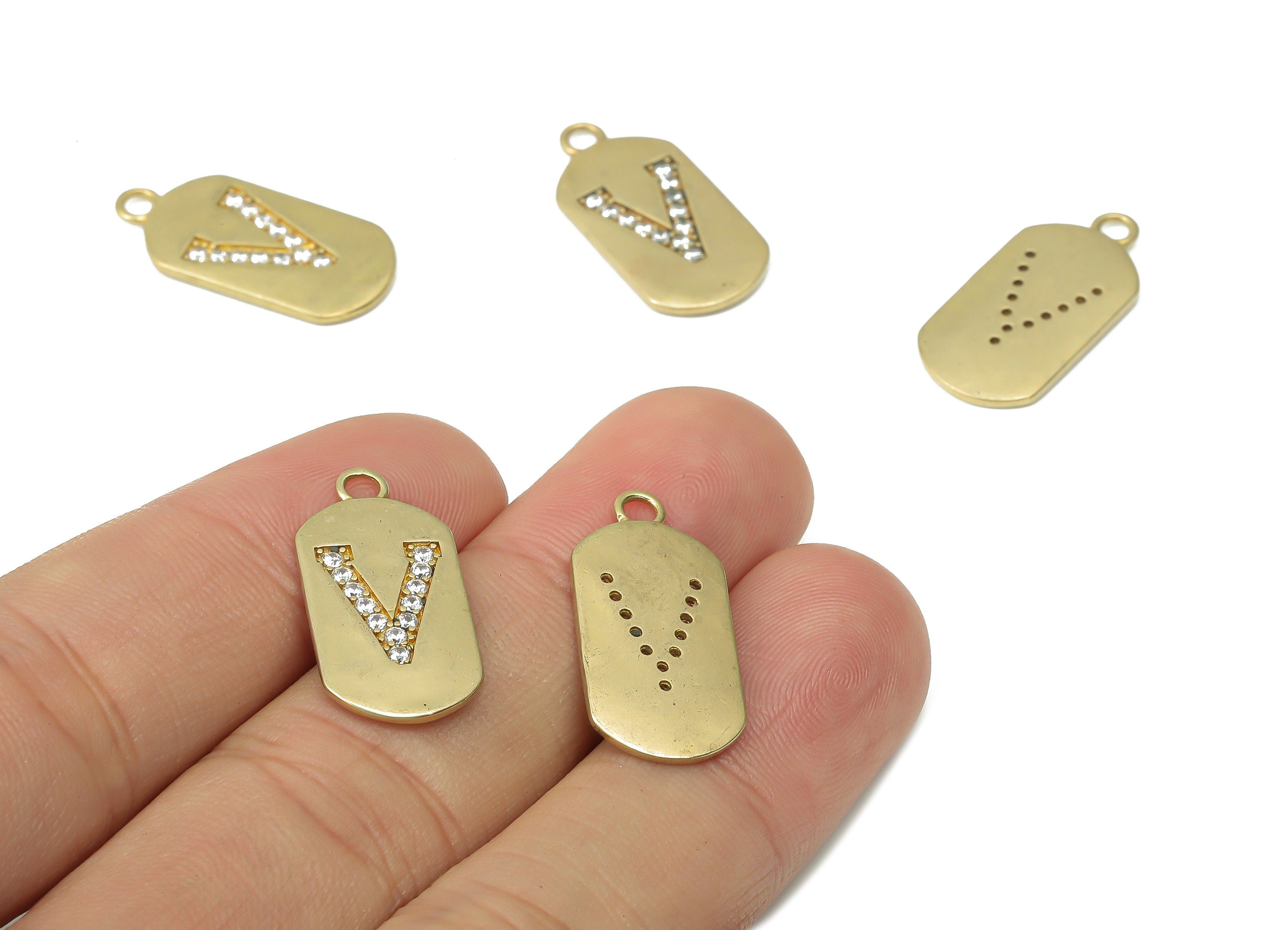 Brass Long Oval Letter V Earring Charms with Zircons - Raw Brass Initial V Pendant - Jewelry Making Supplies - 23.45x11.2x1.57mm - PP7442V - DOMEDBAZAAR