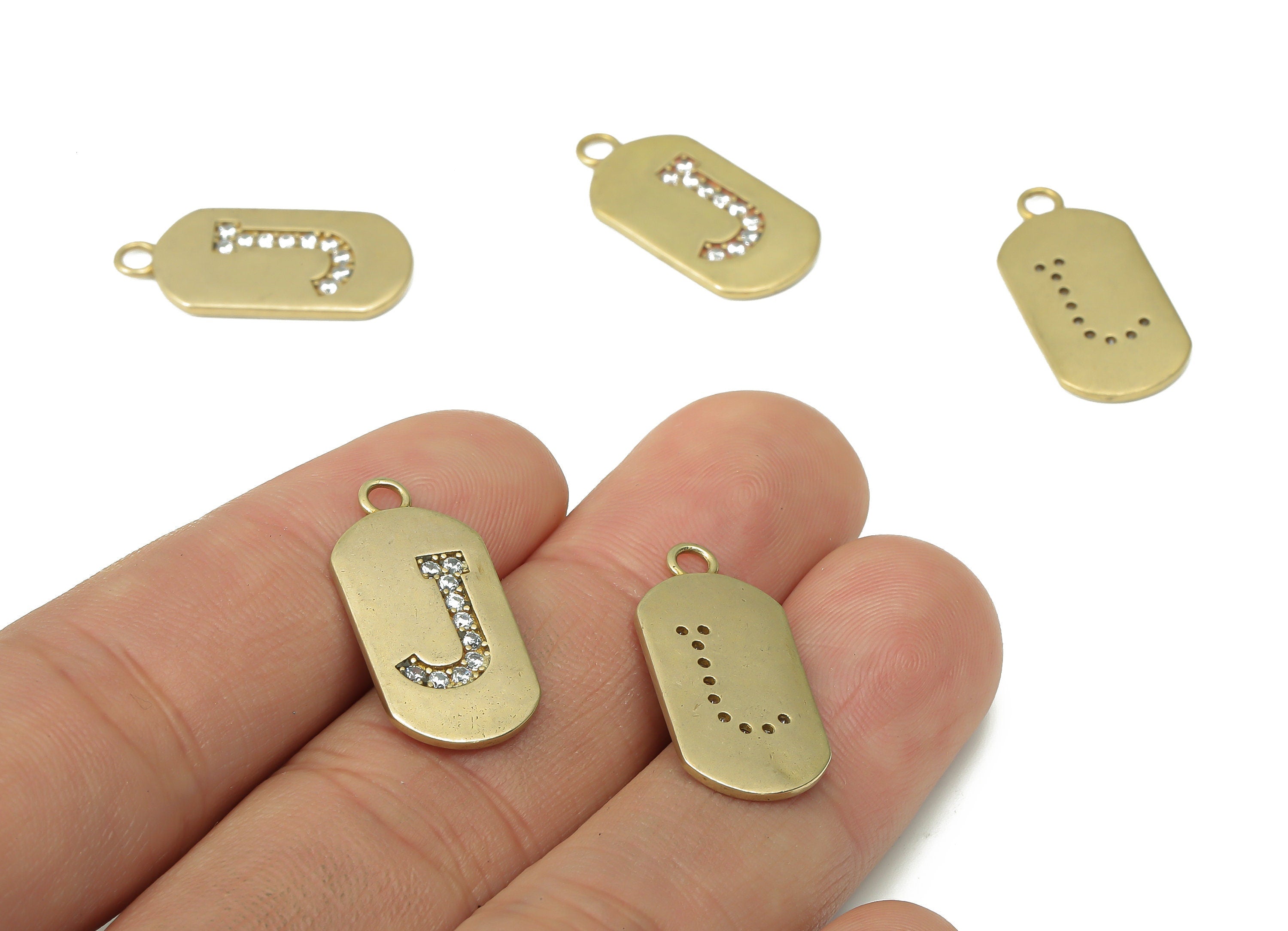 Brass Long Oval Letter J Earring Charms with Zircons - Raw Brass Initial J Pendant - Jewelry Making Supplies - 23.45x11.2x1.57mm - PP7442J - DOMEDBAZAAR