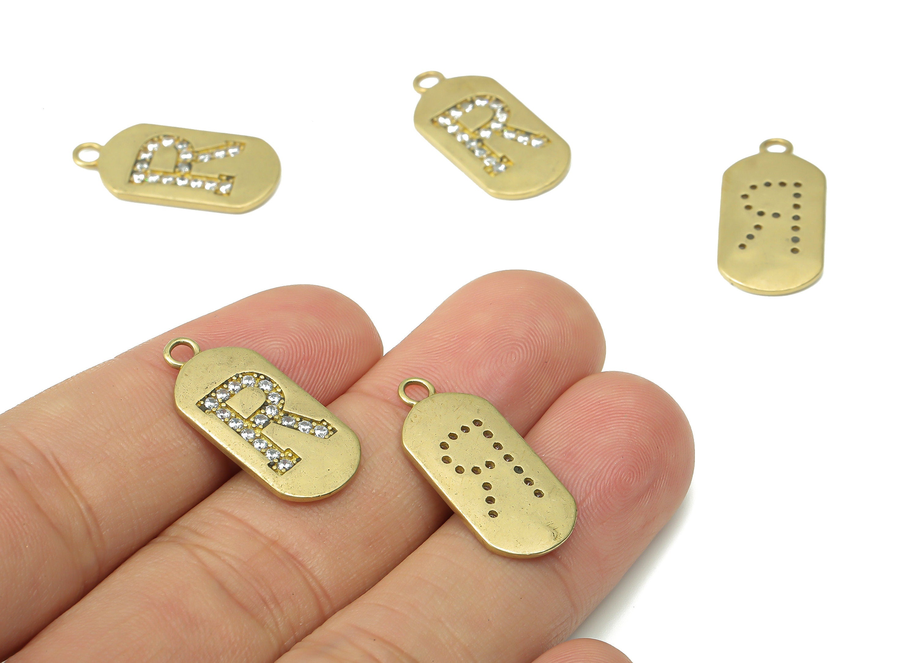 Brass Long Oval Letter R Earring Charms with Zircons - Raw Brass Initial R Pendant - Jewelry Making Supplies - 23.45x11.2x1.57mm - PP7442R - DOMEDBAZAAR