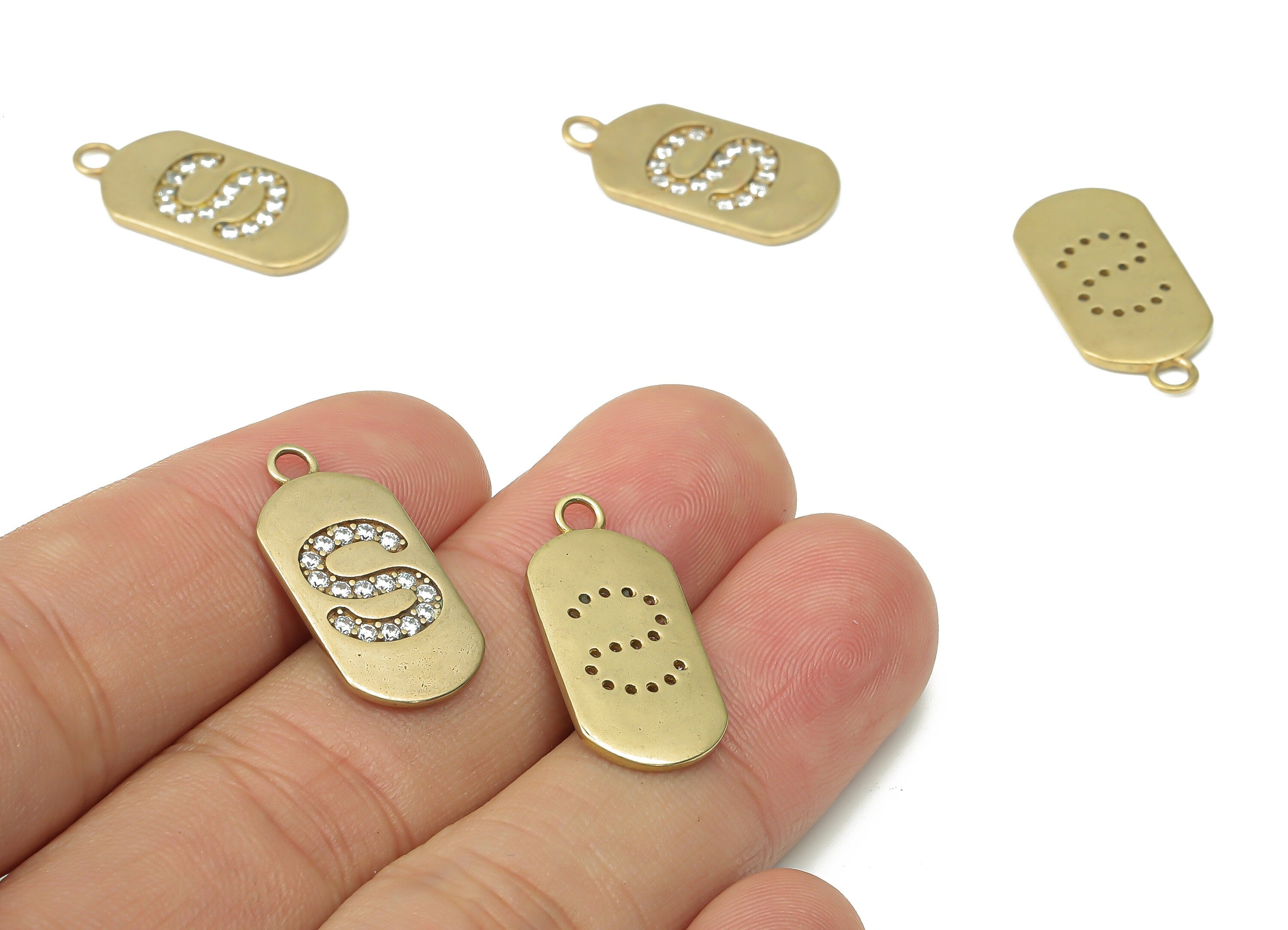 Brass Long Oval Letter S Earring Charms with Zircons - Raw Brass Initial S Pendant - Jewelry Making Supplies - 23.45x11.2x1.57mm - PP7442S - DOMEDBAZAAR