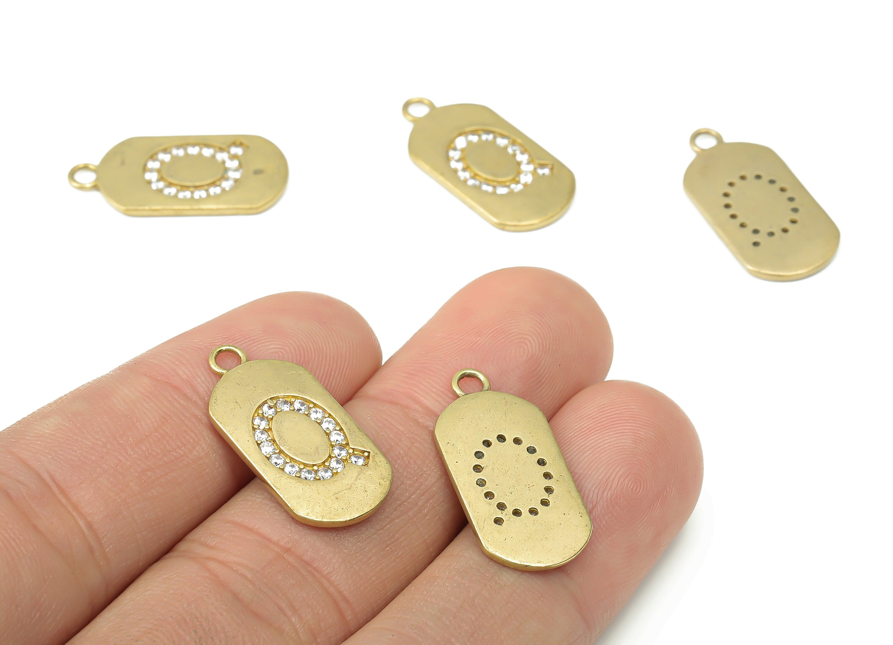 Brass Long Oval Letter Q Earring Charms with Zircons - Raw Brass Initial Q Pendant - Jewelry Making Supplies - 23.45x11.2x1.57mm - PP7442Q - DOMEDBAZAAR