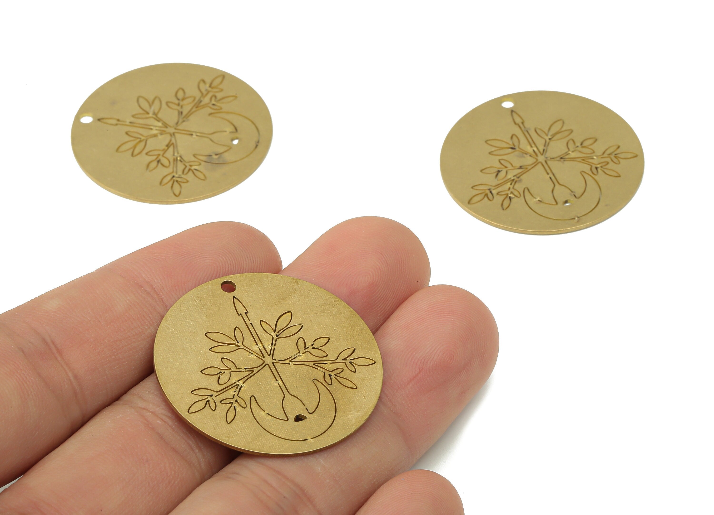 Brass Round Botanical Leaves Arrow Crescent Earring Charms - Raw Brass Branch Leaf Moon Pendant - Jewelry Making - 31.9x31.9x0.7mm - PPA3764 - DOMEDBAZAAR