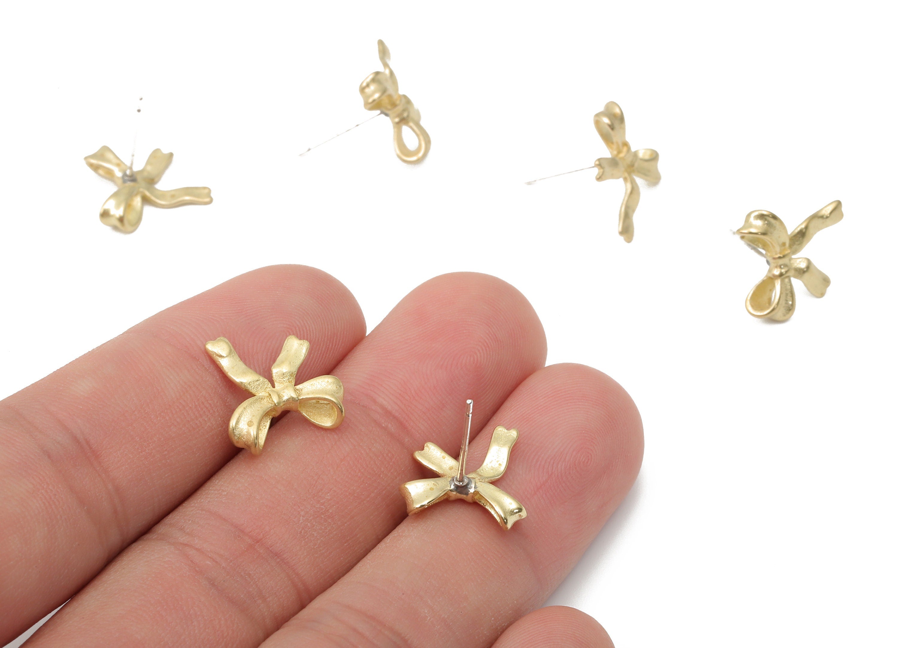 Brass Bow-Knot Earring Stud - Raw Brass Bow Tie Earring Post - Imitation Silver Stud - Jewelry Supplies - 15.64x11.77x2.78mm - PP7413 - DOMEDBAZAAR
