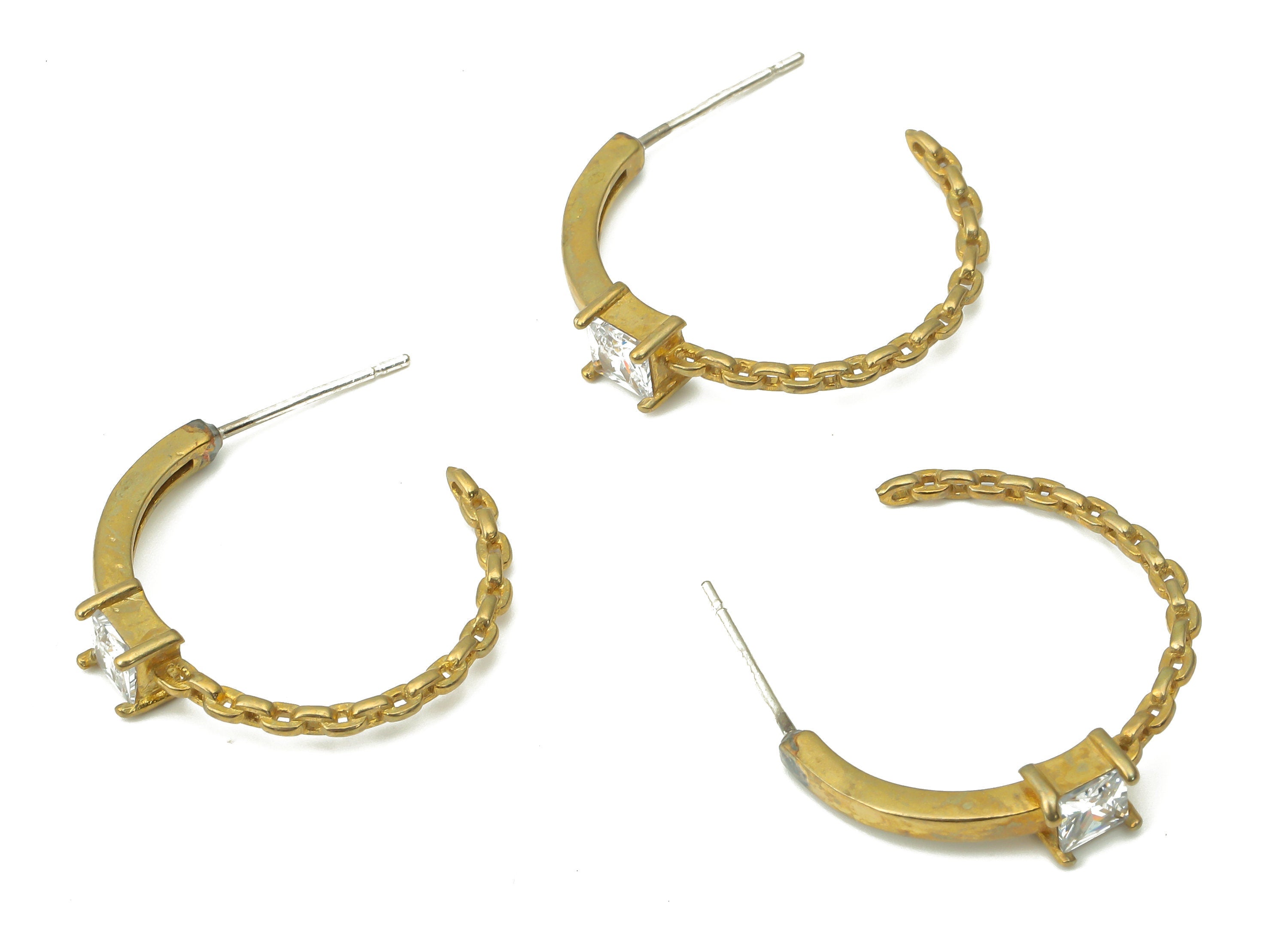 Brass C Open Hoop Earring Stud with Zircon - Raw Brass C Curb Chain Hoop Earring Post - Imitation Silver Stud - 21.6x19.6x4.89mm - PP7420 - DOMEDBAZAAR