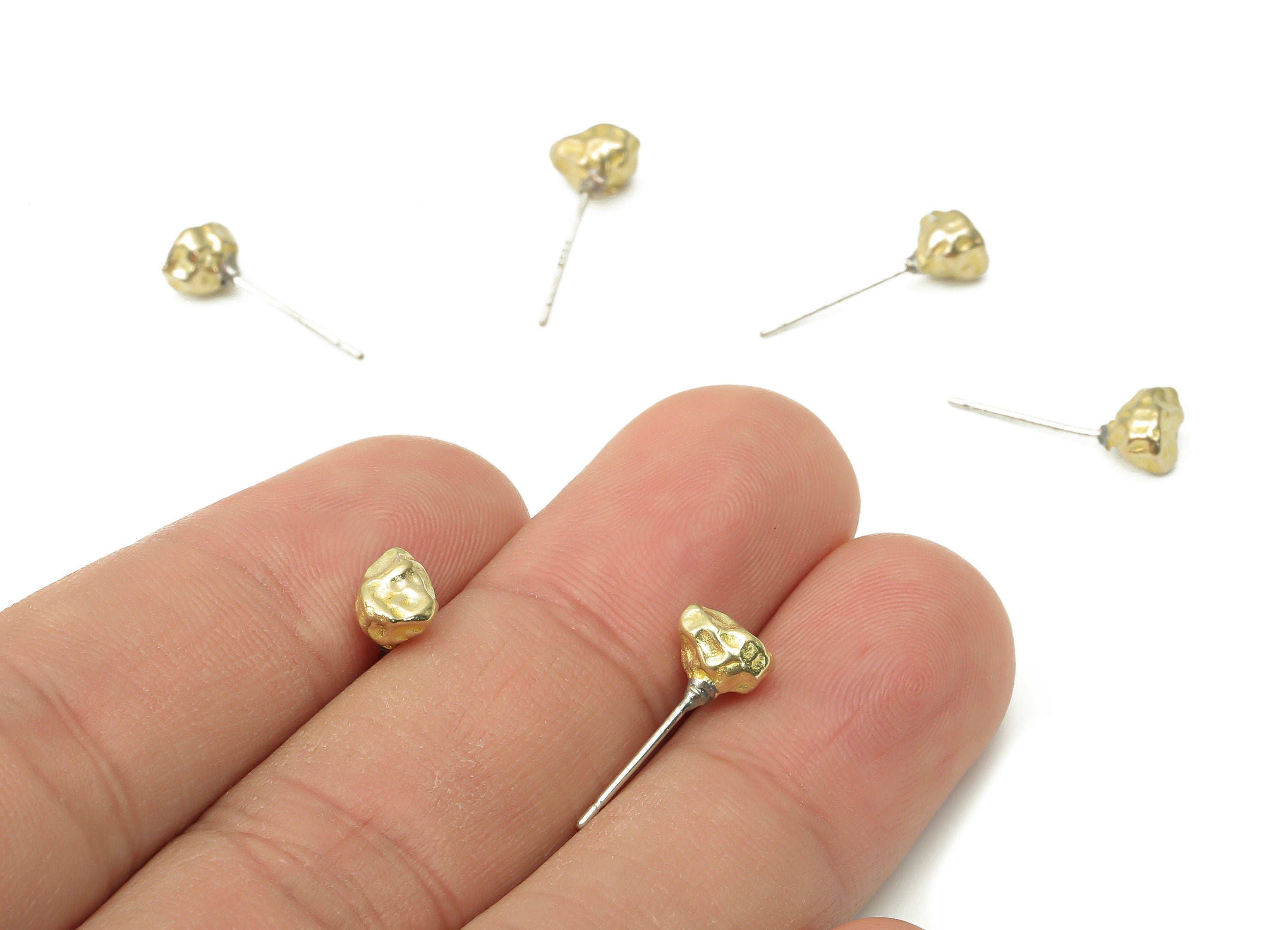 Brass Hammered Stone Earring Stud - Raw Brass Irregular Earring Post - Imitation Silver Stud - Jewelry Supplies - 6.79x5.11x4.6mm - PP7418 - DOMEDBAZAAR