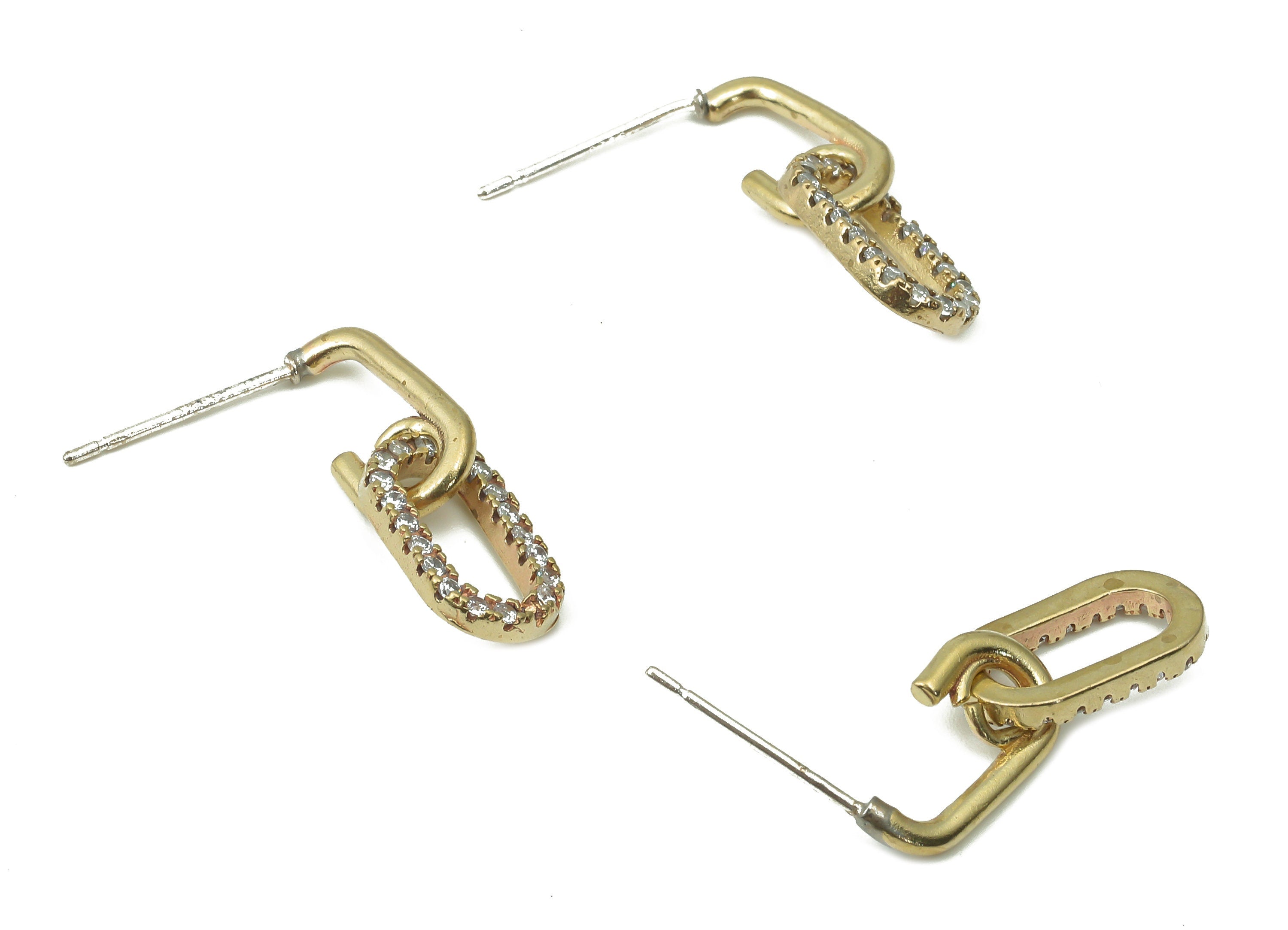 Brass Oval Cable Chain Earring Stud with Zircons - Raw Brass C Hoop Earring Post - Imitation Silver Stud - 20.68x7.12x1.54mm - PP7421 - DOMEDBAZAAR