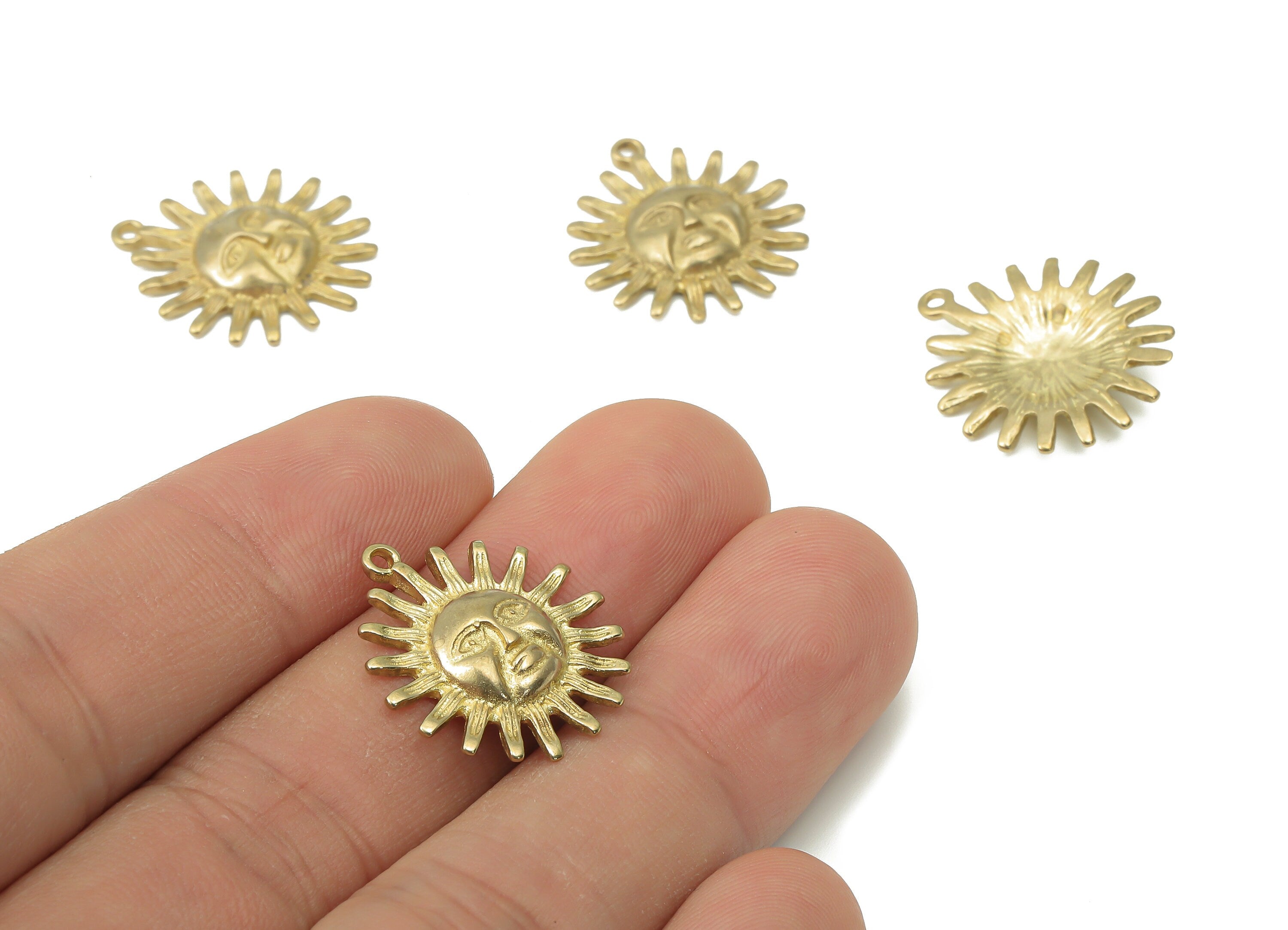 Brass Sunshine Face Earring Charms - Raw Brass Sun Face Pendant - Earring Charms for Jewelry Making - 21.76x19.48x1.45mm - PP7453 - DOMEDBAZAAR