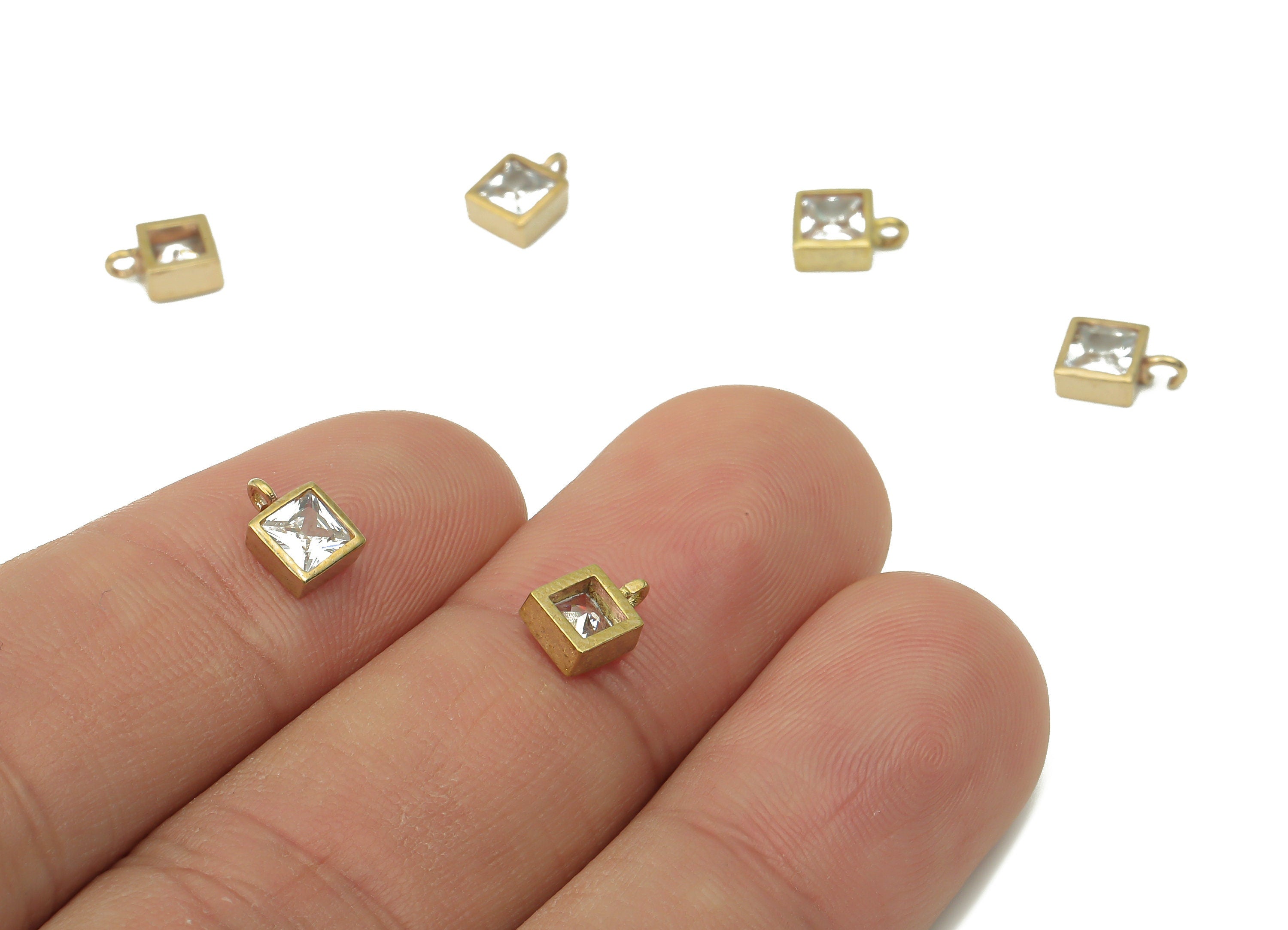 Brass Mini Square Earring Charms with Zircon - Raw Brass Mini Square Pendant - Earring Charms for Jewelry Making - 7.23x5.08x2.8mm - PP7424 - DOMEDBAZAAR