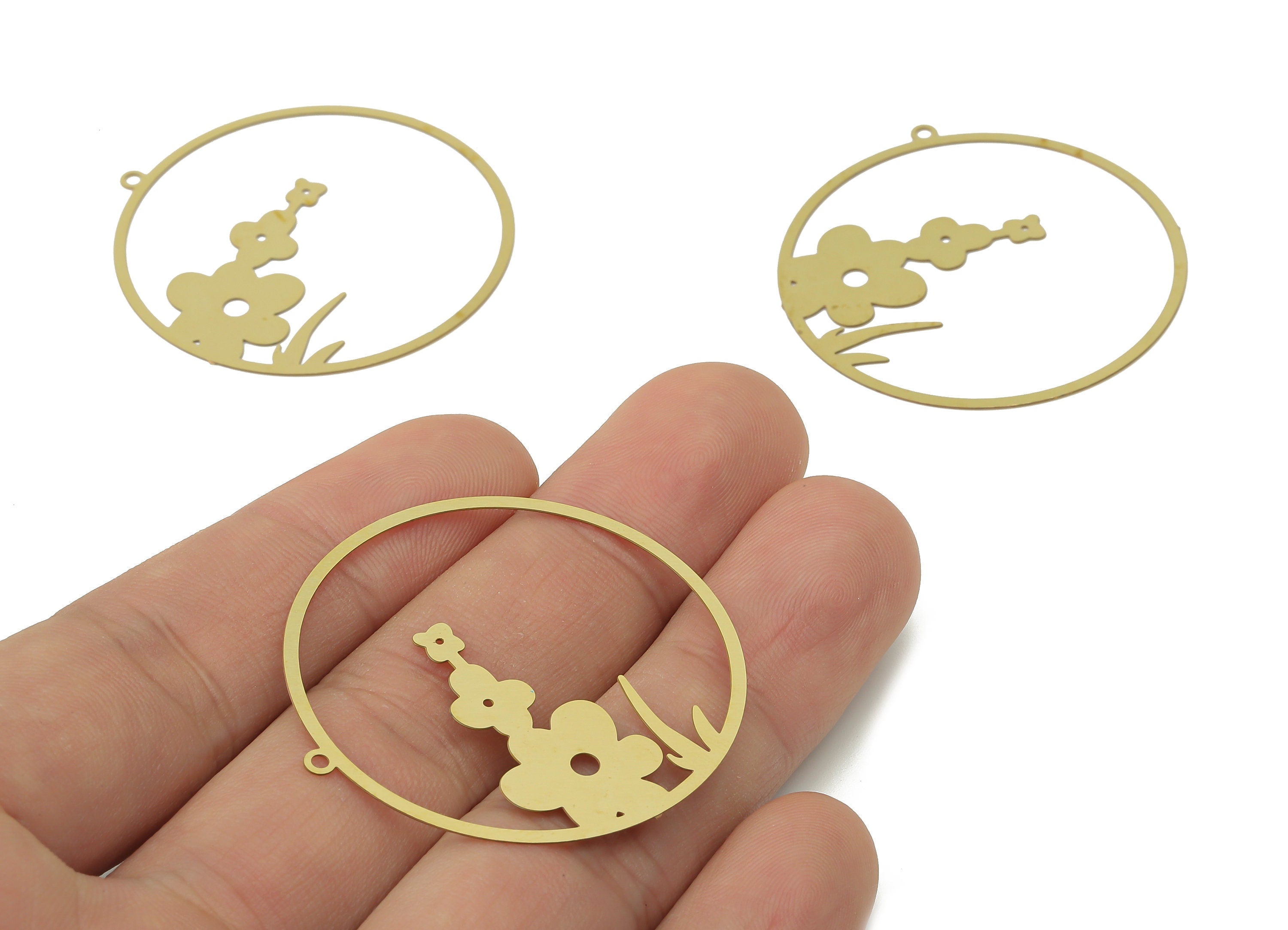 Brass Flower Grass Round Earring Charms - Raw Brass Grass Circle Pendant - Jewelry Making Supplies - 40.69x38.77x0.23mm - JJB7061 - DOMEDBAZAAR