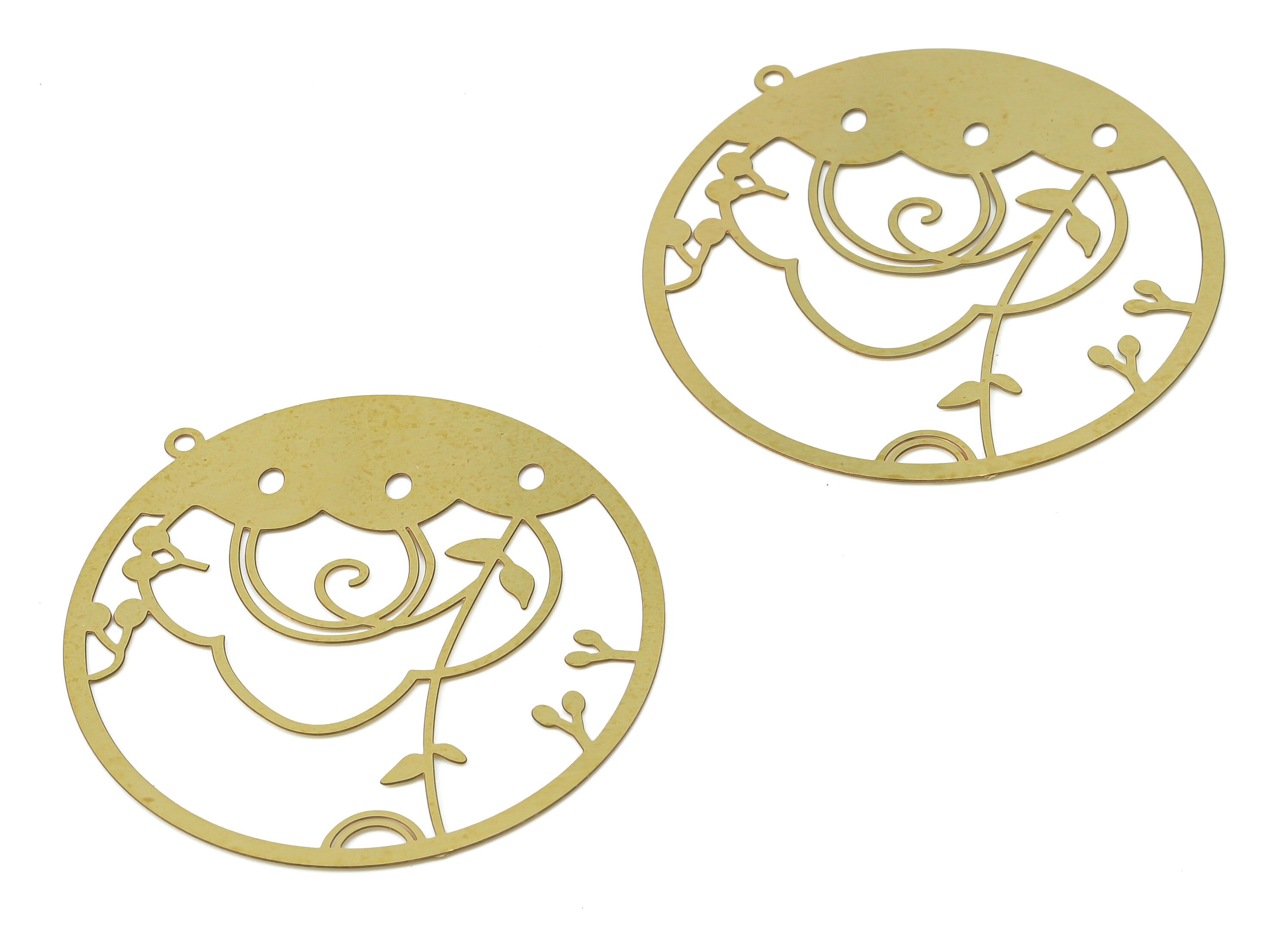 Brass Flower Round Earring Charms - Raw Brass Leaves Circle Pendant - Jewelry Making Supplies - 42.12x40x0.28mm - JJB7059 - DOMEDBAZAAR