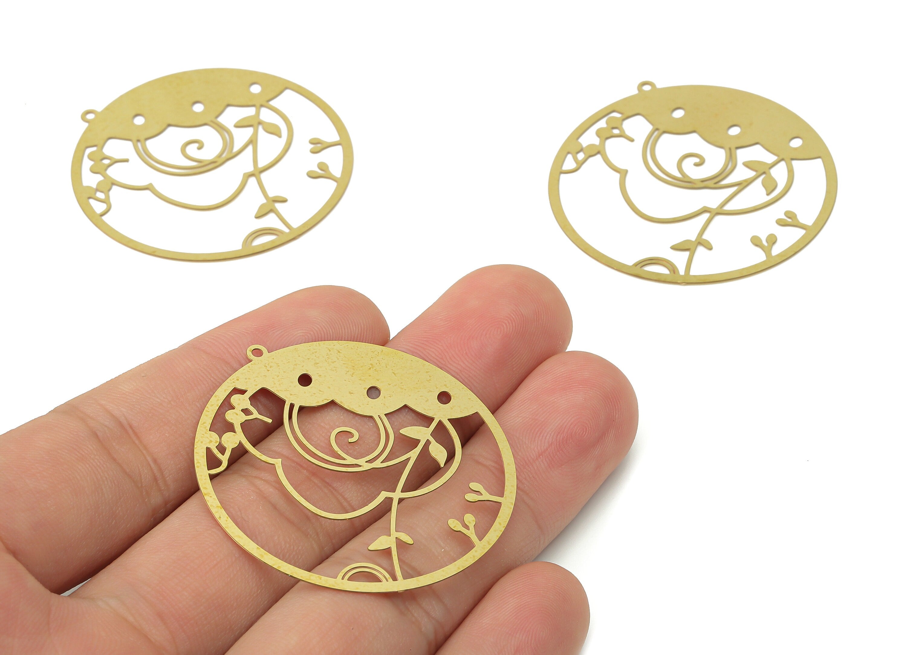 Brass Flower Round Earring Charms - Raw Brass Leaves Circle Pendant - Jewelry Making Supplies - 42.12x40x0.28mm - JJB7059 - DOMEDBAZAAR