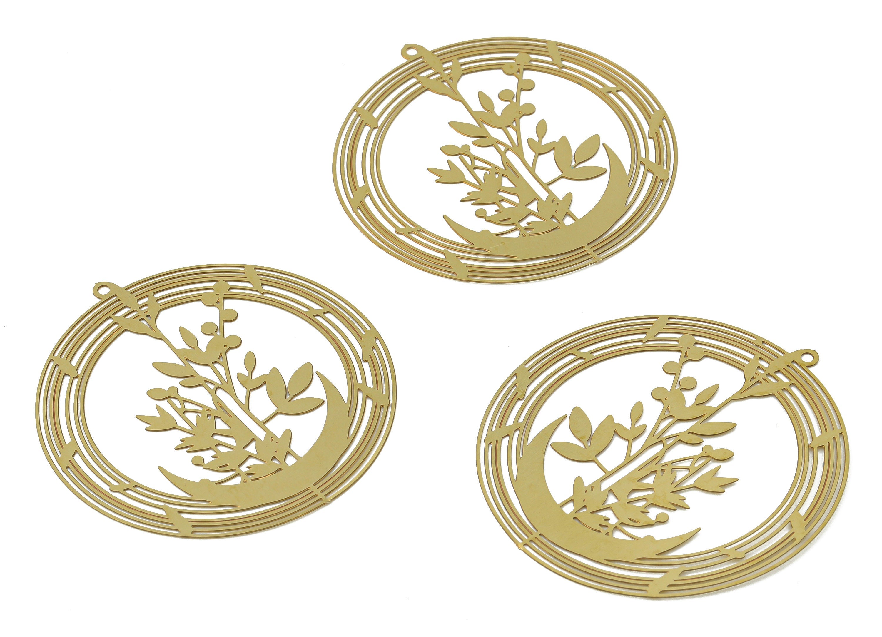 Brass Crescent Round Botanical Flowers Earring Charms - Raw Brass Leaves Circle Pendant - Jewelry Making Supplies - 45.1x41.9x0.3mm- JJB7048 - DOMEDBAZAAR