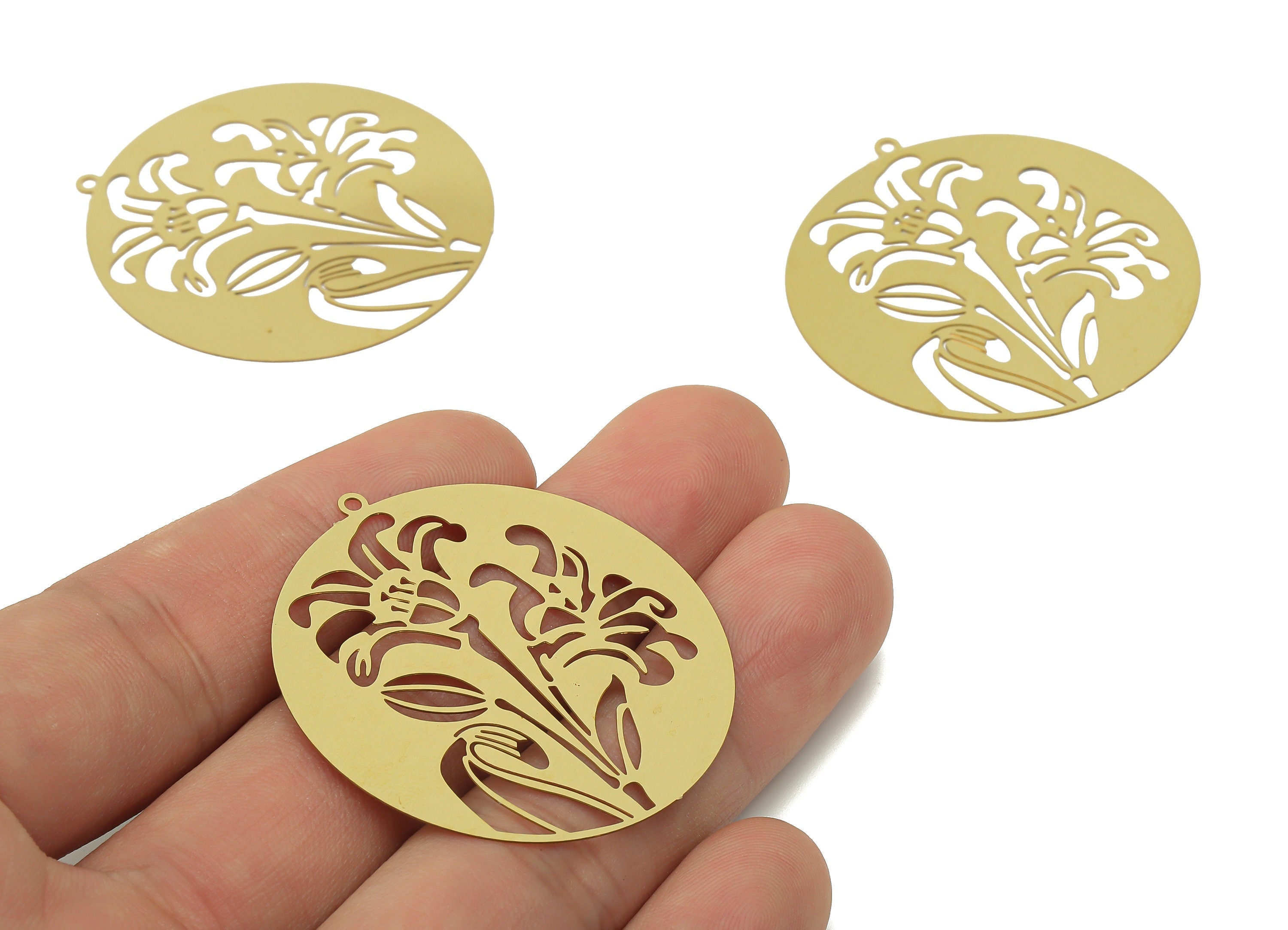 Brass Round Branch Botanical Flowers Earring Charms - Raw Brass Leaves Circle Pendant - Jewelry Making Supplies - 42.1x40x0.28mm - JJB7054 - DOMEDBAZAAR