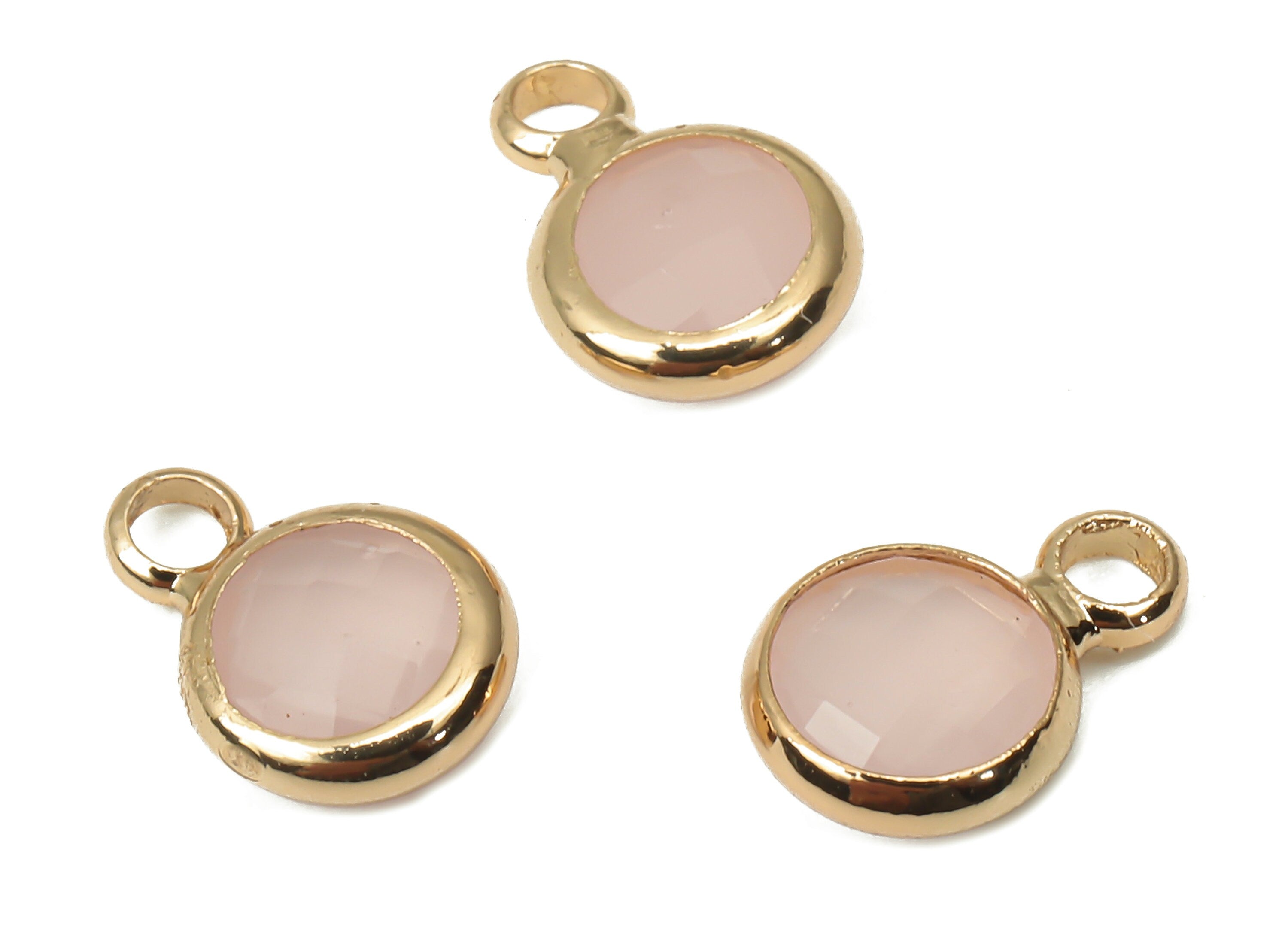 Glass Mini Round Earring Charms with Loop - Circle Bracelet Charm - Gold Tone Plated Brass - Faceted Pink Glass - 9.6x6.53x2.57mm - GS1143A - DOMEDBAZAAR
