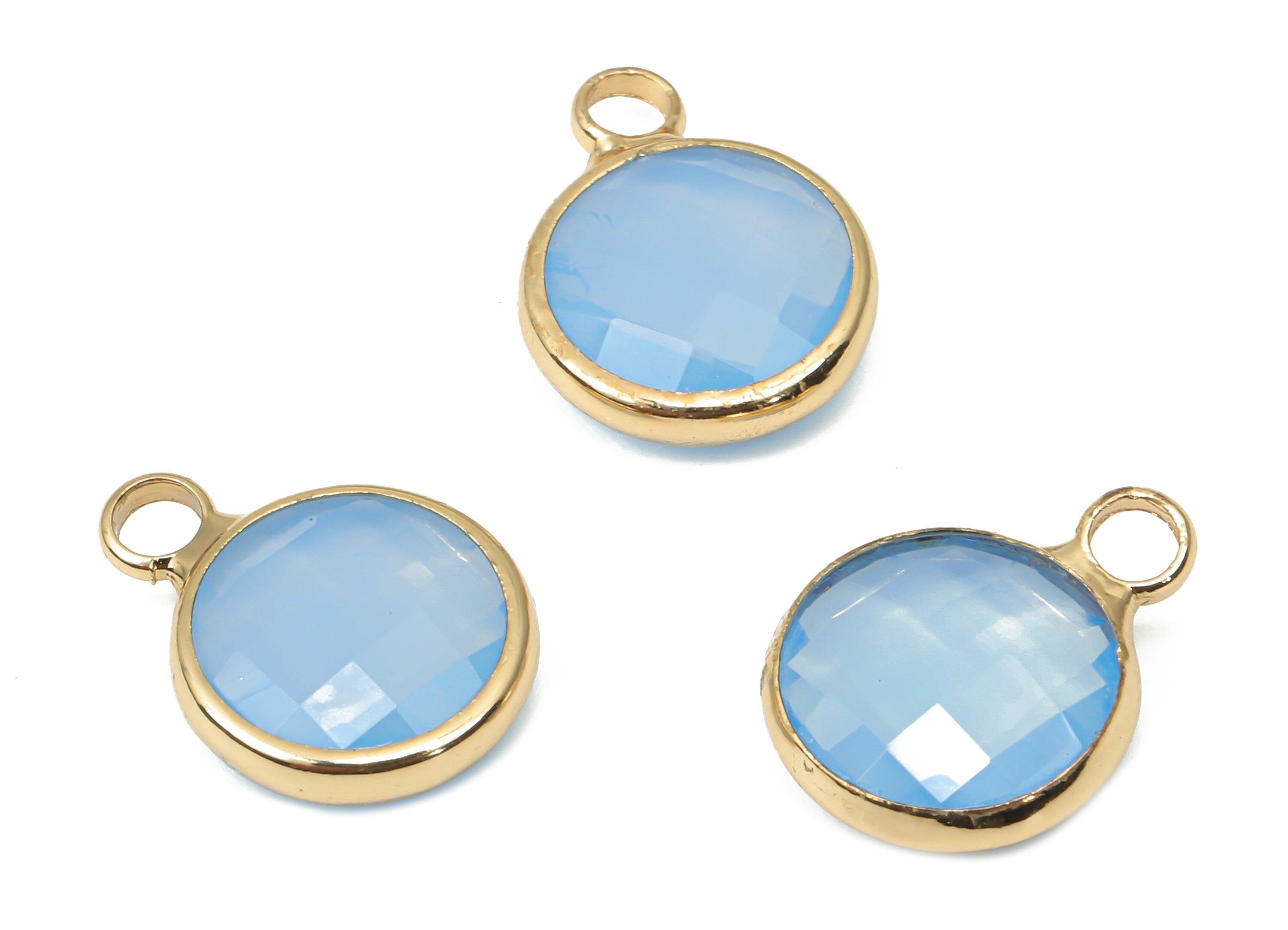 Glass Round Earring Charms With Loop - Blue Brass Circle Frame Pendant - Gold Tone Plated Brass - Faceted Glass - 14.1x10.6x3.8mm - GS1141C - DOMEDBAZAAR