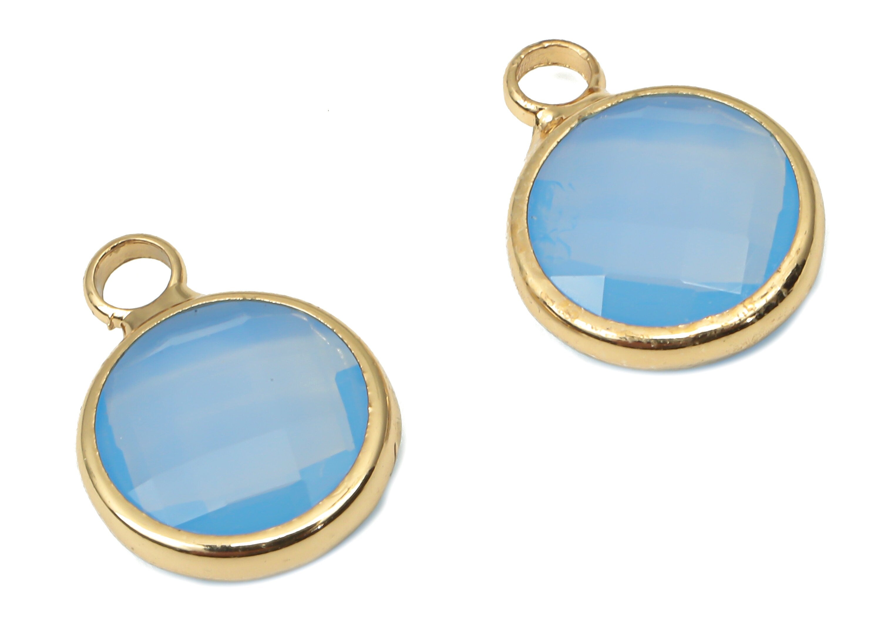 Glass Round Earring Charms With Loop - Blue Brass Circle Frame Pendant - Gold Tone Plated Brass - Faceted Glass - 14.1x10.6x3.8mm - GS1141C - DOMEDBAZAAR