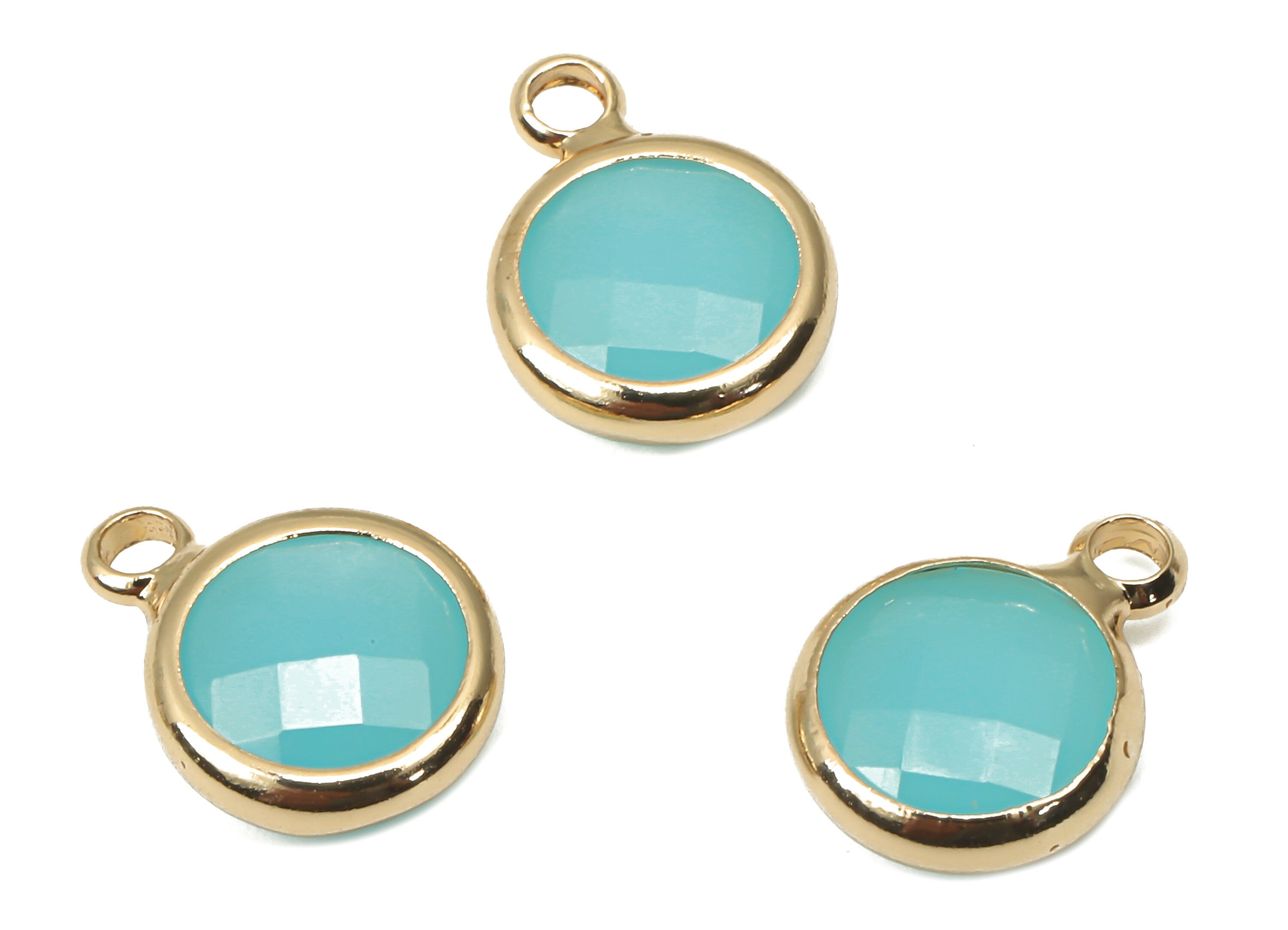 Glass Round Earring Charms with Loop - Blue Brass Circle Frame Pendant - Gold Tone Plated Brass - Faceted Glass - 11.5x8.66x3.02mm - GS1142A - DOMEDBAZAAR