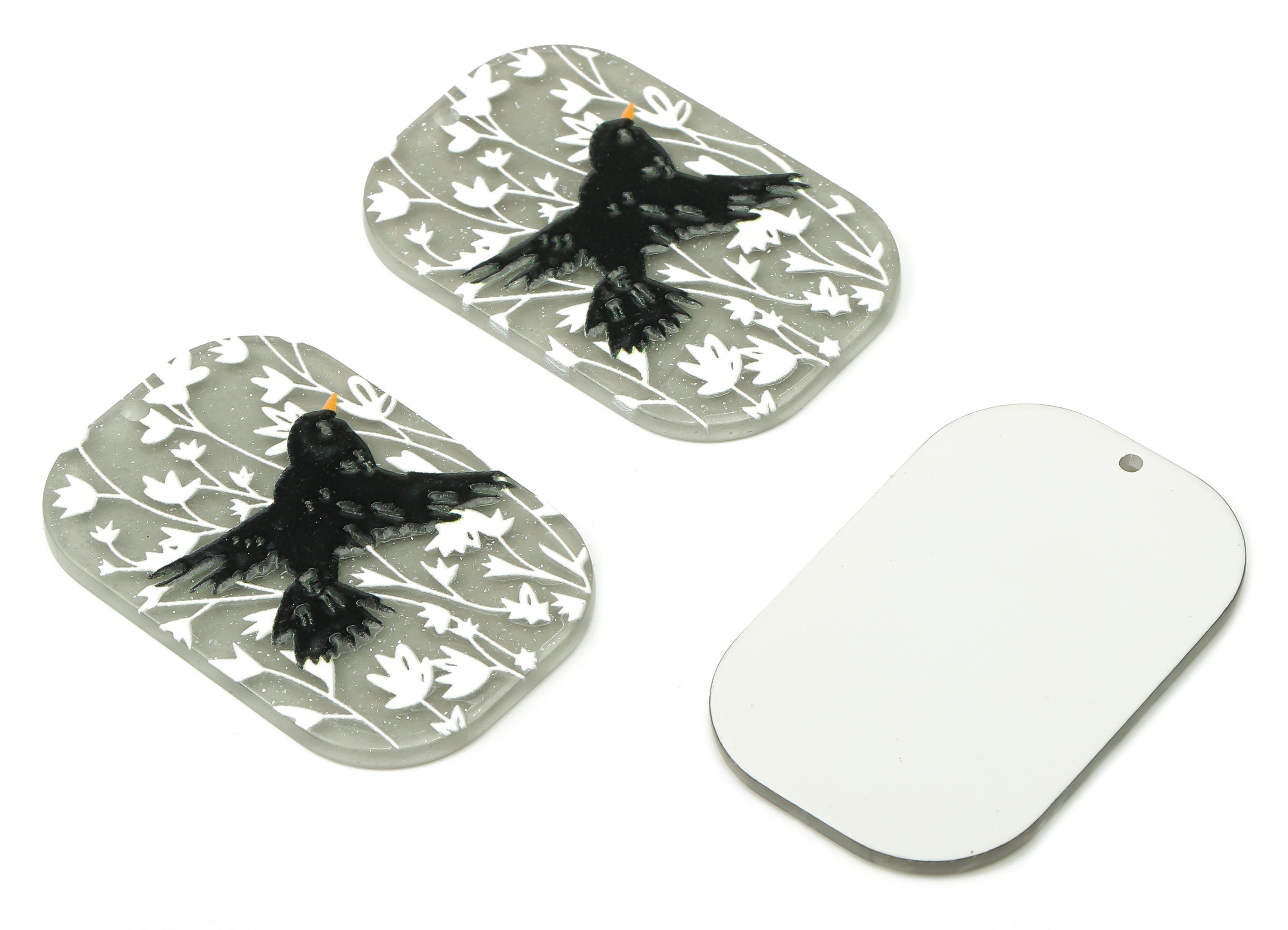 Acrylic Rectangle Charm - Black Bird Pendant Charm - White Flowers Earring Charm - Flying Bird Pendant - 39.67×26.04×2.09mm - AC2491A - DOMEDBAZAAR