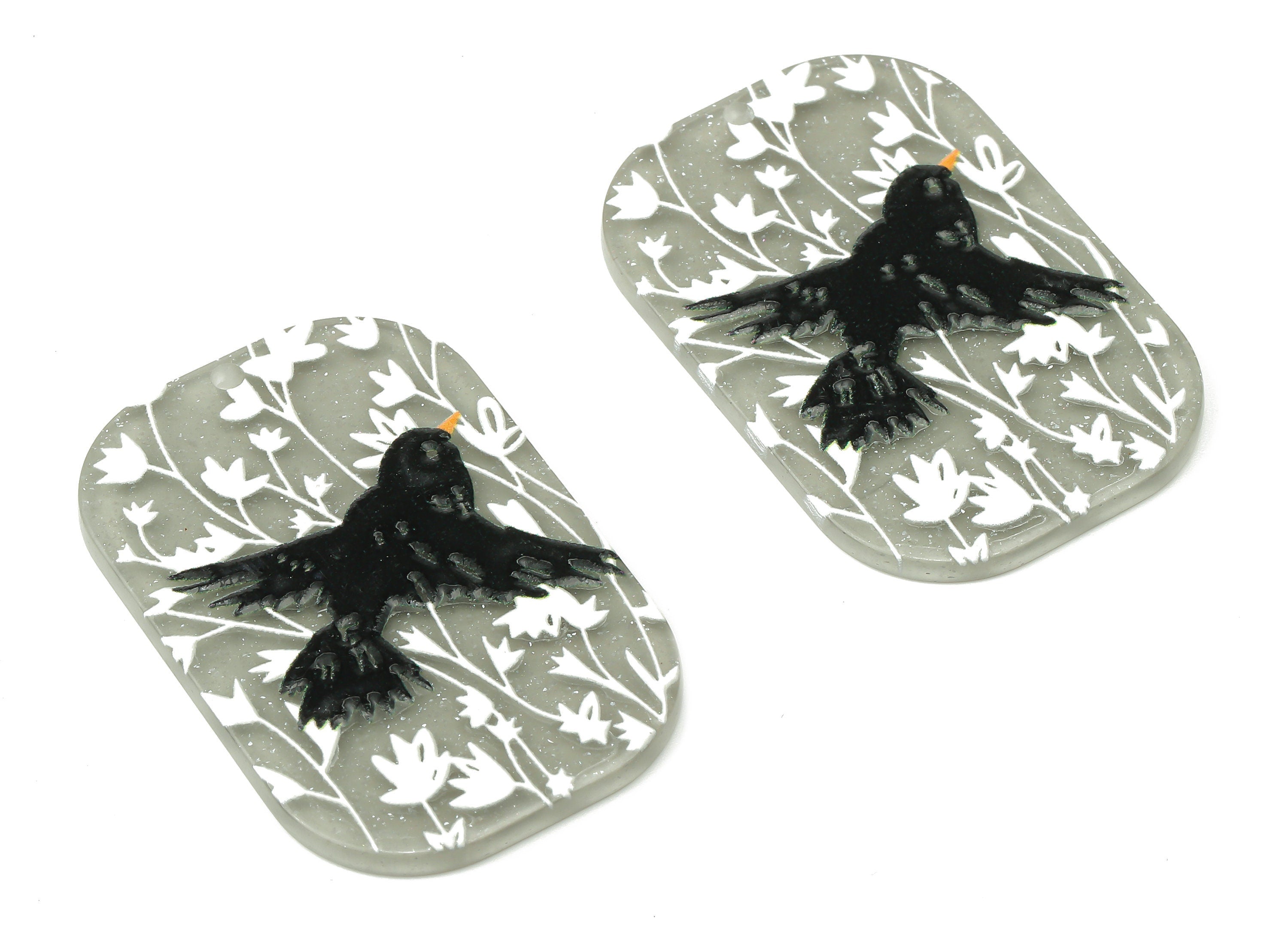 Acrylic Rectangle Charm - Black Bird Pendant Charm - White Flowers Earring Charm - Flying Bird Pendant - 39.67×26.04×2.09mm - AC2491A - DOMEDBAZAAR