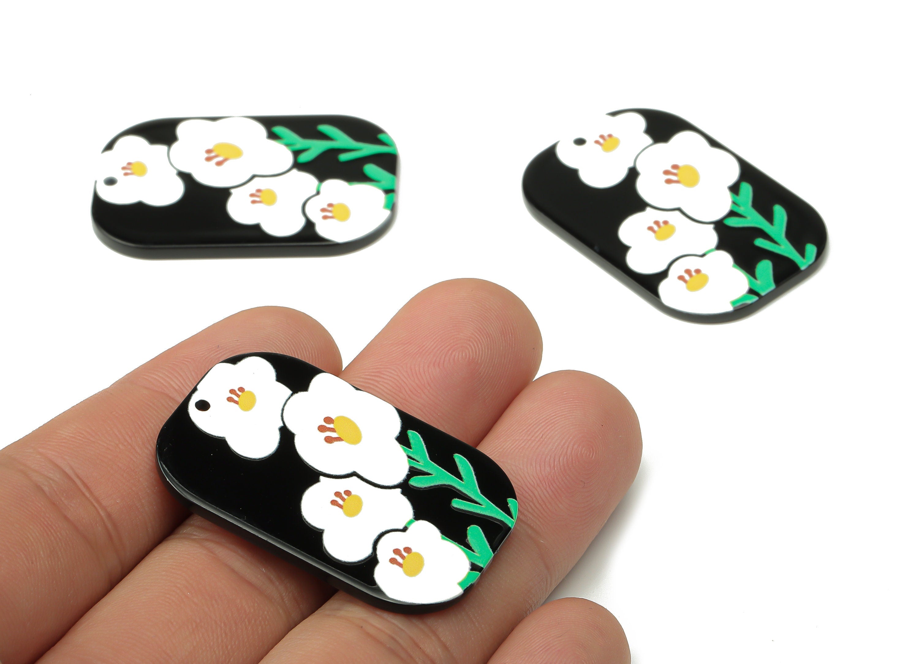 Acrylic Rectangle Flower Earrings Charm -White Flowers Pendant Charm - Jewelry Making Supplies - 39.67×26.04×2.09mm- AC2491F - DOMEDBAZAAR