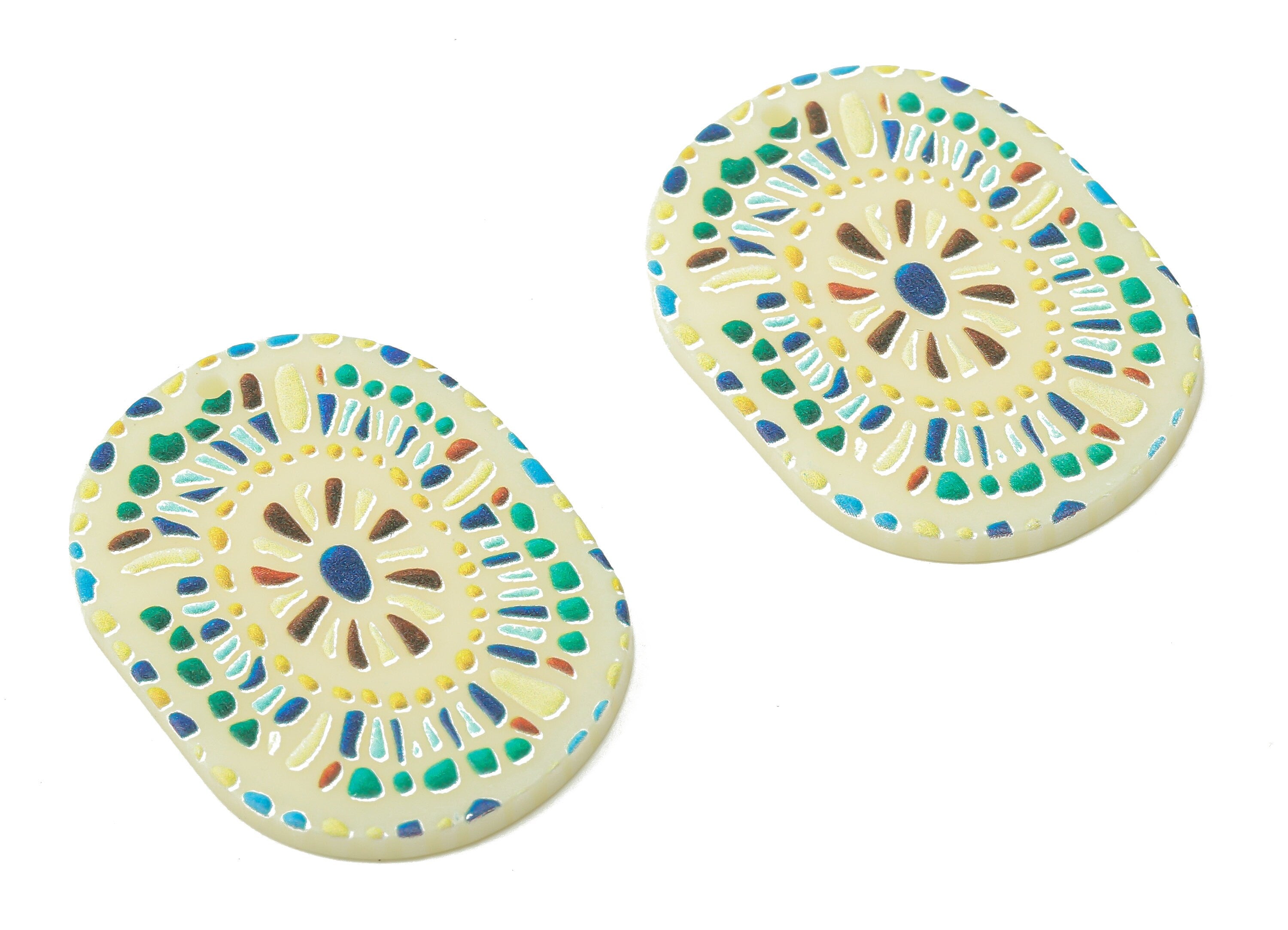 Acrylic Round Flower Charms - Printing Textured Oval Pendant - Jewelry Findings -37.86×26.43×2.02mm - AC2492 - DOMEDBAZAAR