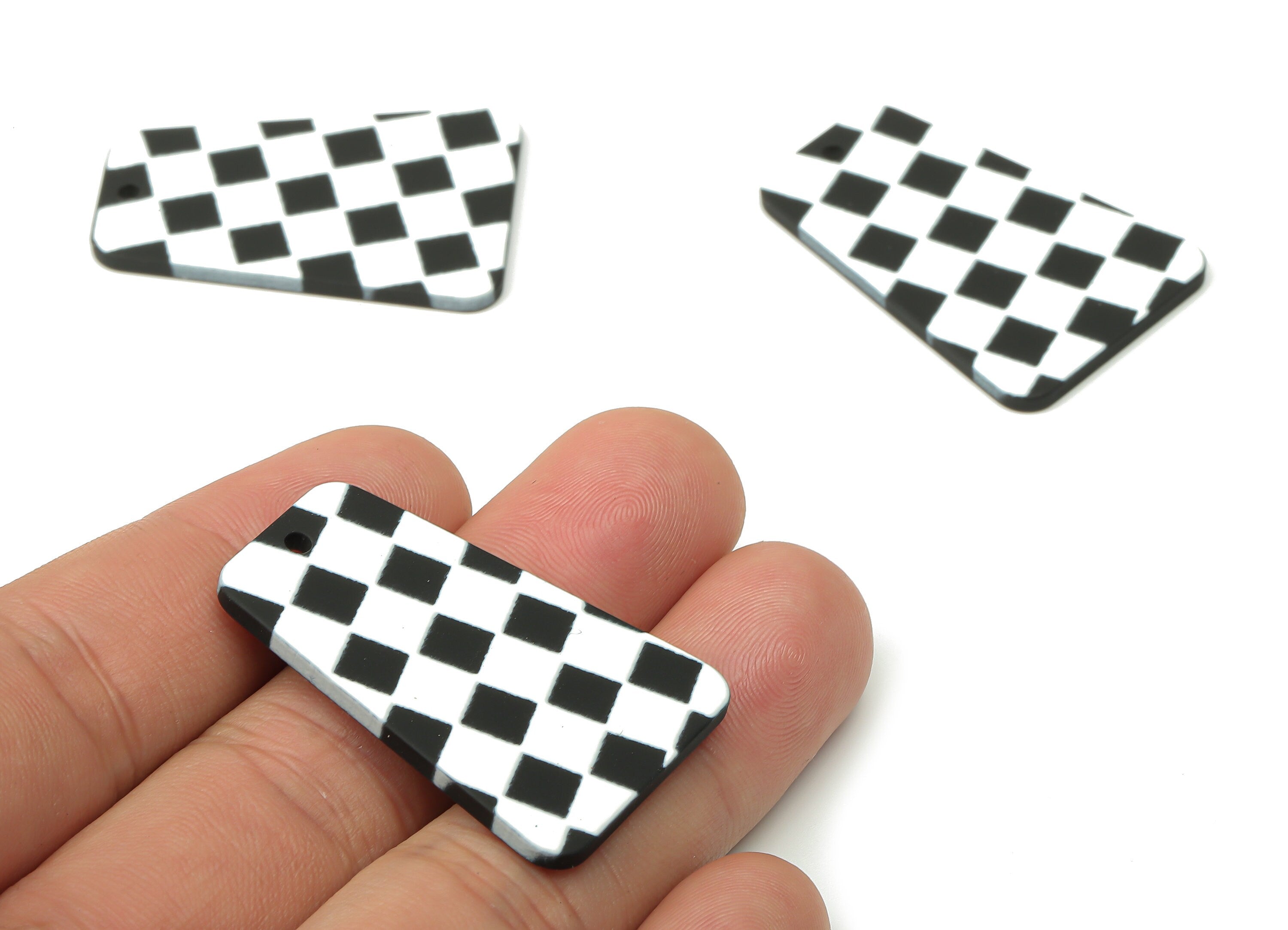 Acrylic Trapezoid Earrings Charm - Checkerboard Pendant Charms -Black White Checkered Pendant - 38.2×25.83×2.3mm - AC2499 - DOMEDBAZAAR
