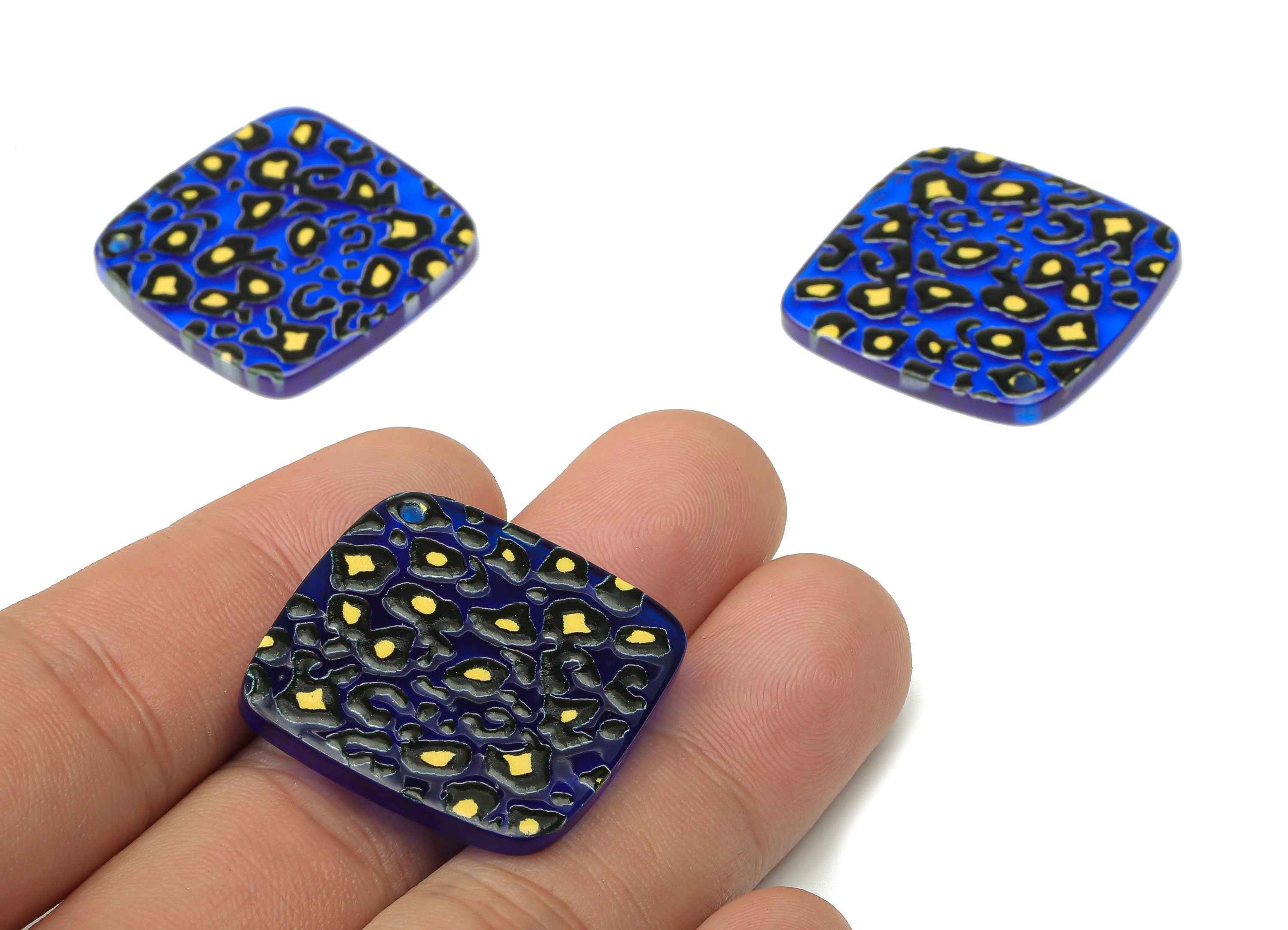 Acrylic Square Animal Print Earrings Charms - Blue Square Leopard Print Pendents- Jewelry Supplies - 28.56×28.56×2.81mm - AC2504B - DOMEDBAZAAR