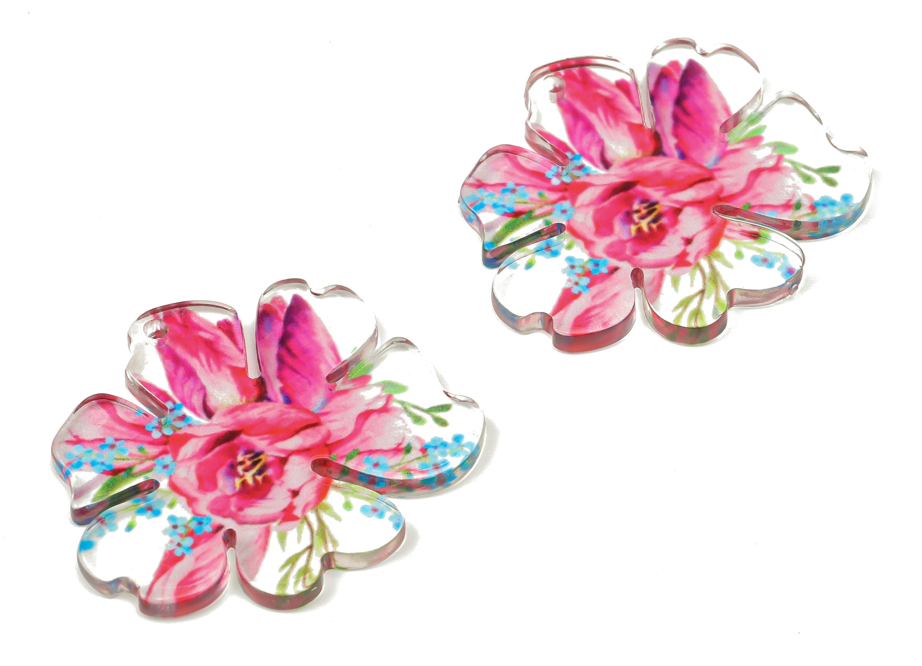 Acrylic Flower Earring Charms - Pink Flower Pendants Charm - Pink Floral Charm - Floral Cap Charm - 39.66×38.81×2.06mm - AC2510 - DOMEDBAZAAR