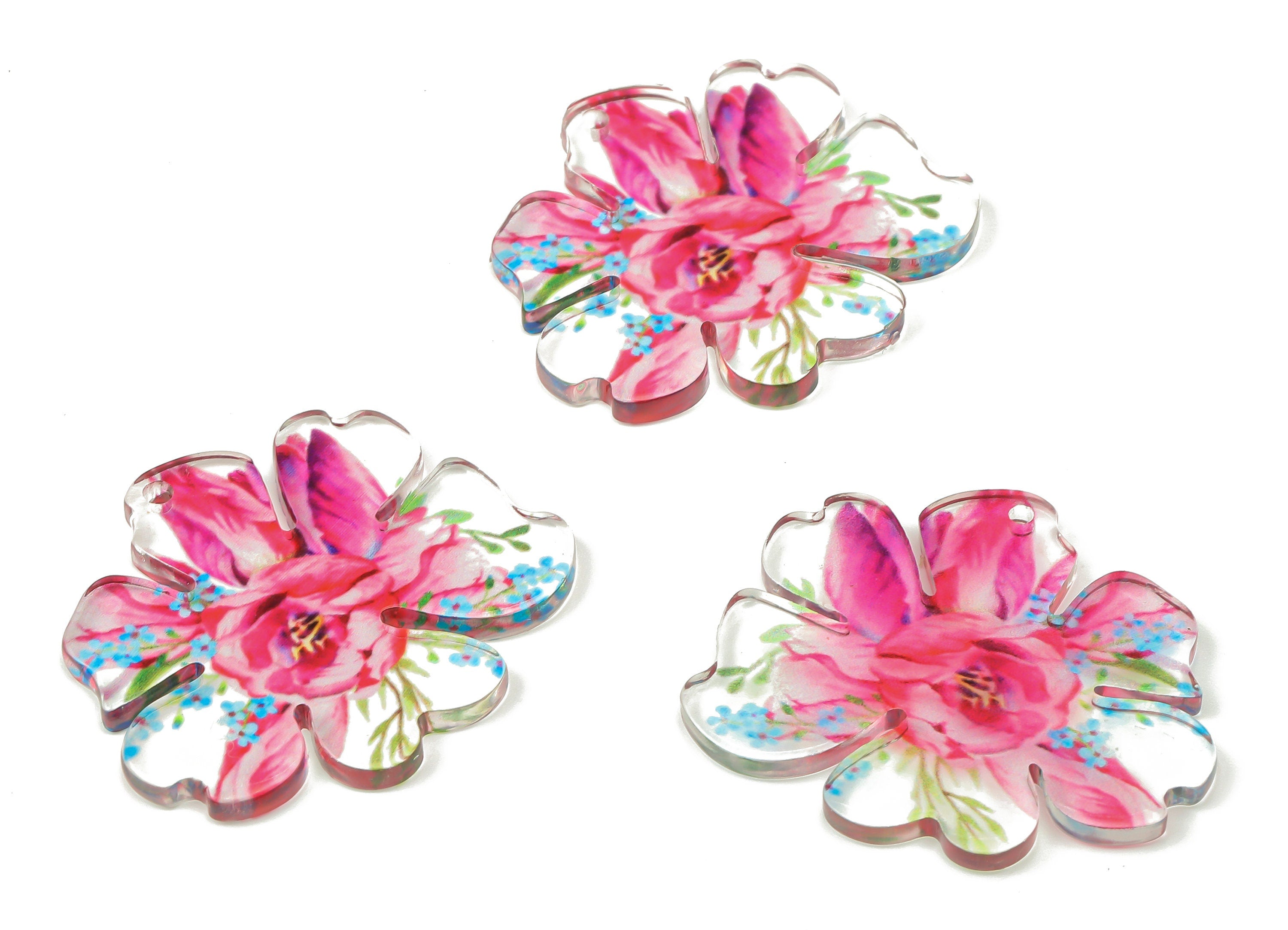Acrylic Flower Earring Charms - Pink Flower Pendants Charm - Pink Floral Charm - Floral Cap Charm - 39.66×38.81×2.06mm - AC2510 - DOMEDBAZAAR