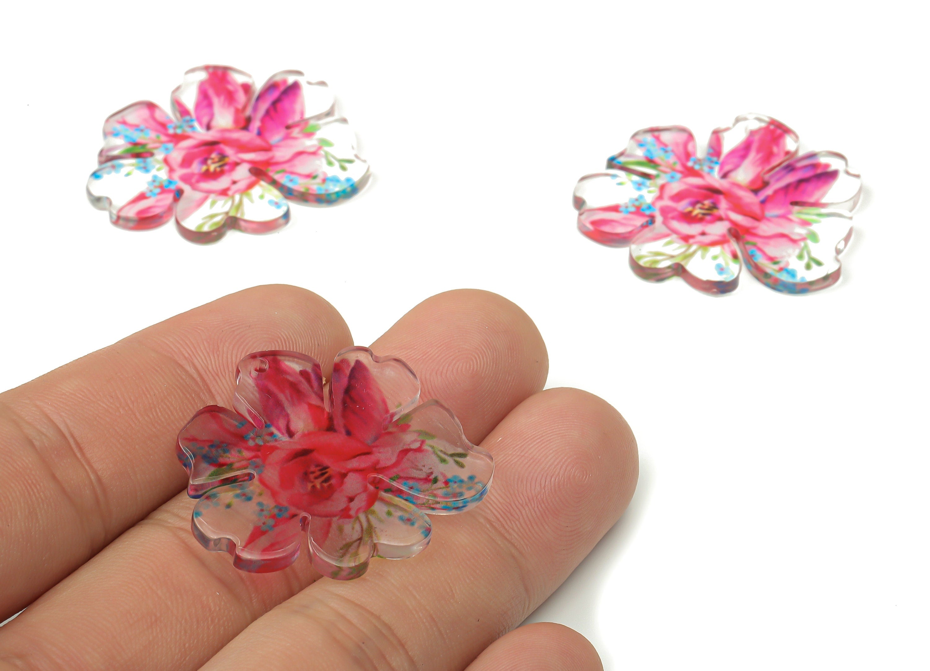 Acrylic Flower Earring Charms - Pink Flower Pendants Charm - Pink Floral Charm - Floral Cap Charm - 39.66×38.81×2.06mm - AC2510 - DOMEDBAZAAR