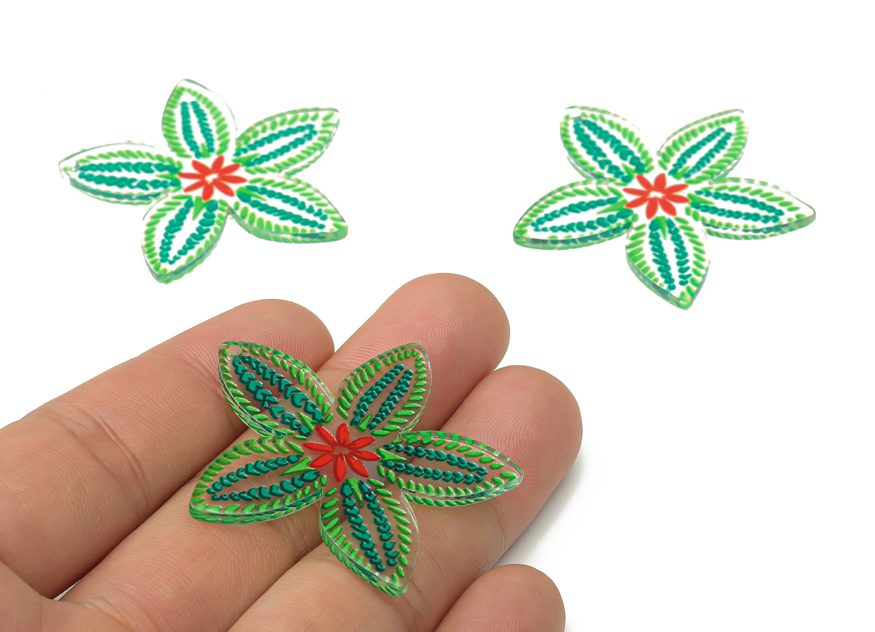 Acrylic Flower Earring Charms - Acrylic Green Flower Pendants Charm - Floral Earring Findings - 45.28×43.88×1.96mm - AC2515B - DOMEDBAZAAR