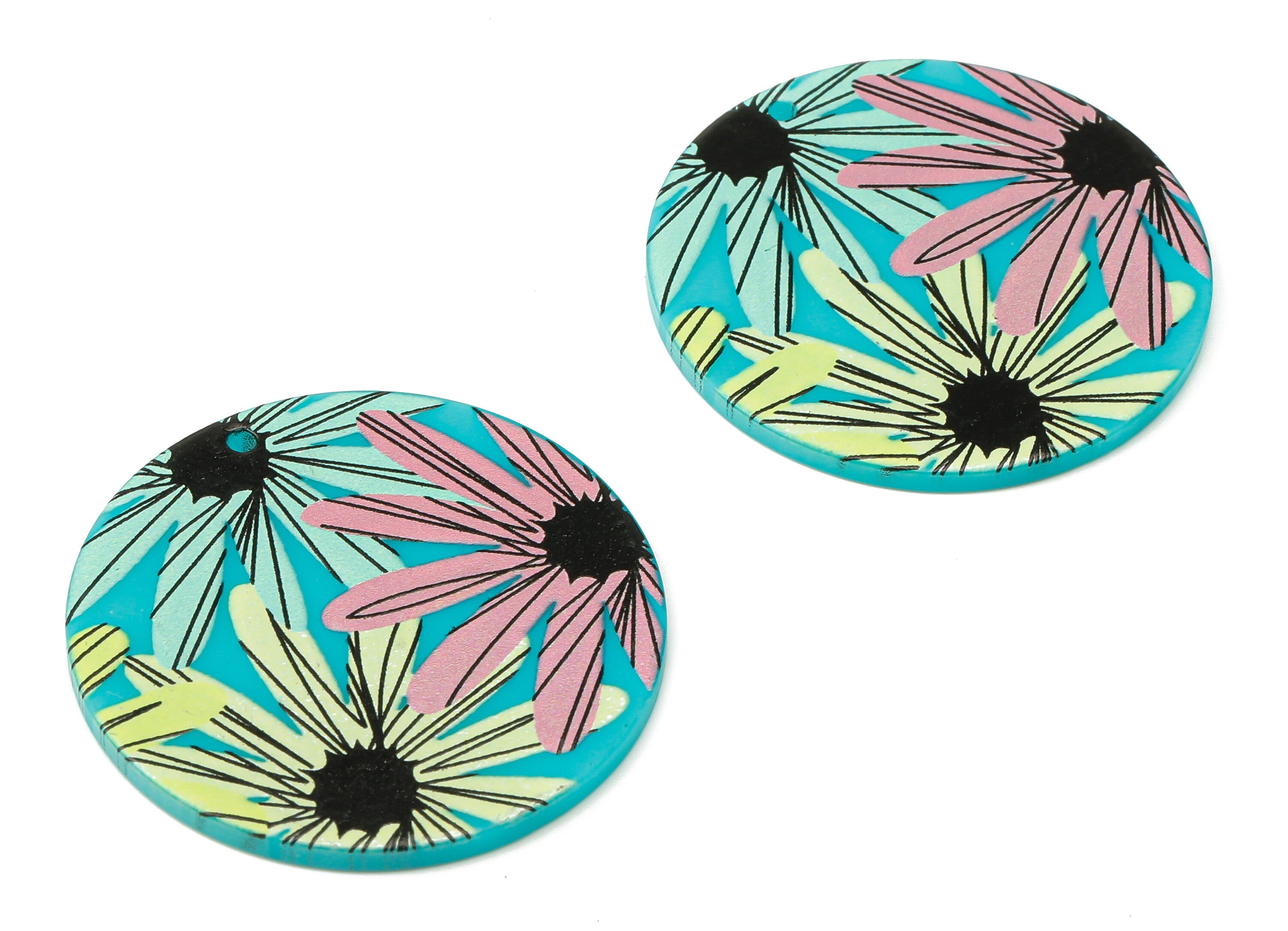 Acrylic Round Flower Earring Charm - Flower Circle Pendent Charm - Floral DIY Charm - Jewelry Making Supplies - 36.86x36.86x2.3mm- AC2519C - DOMEDBAZAAR