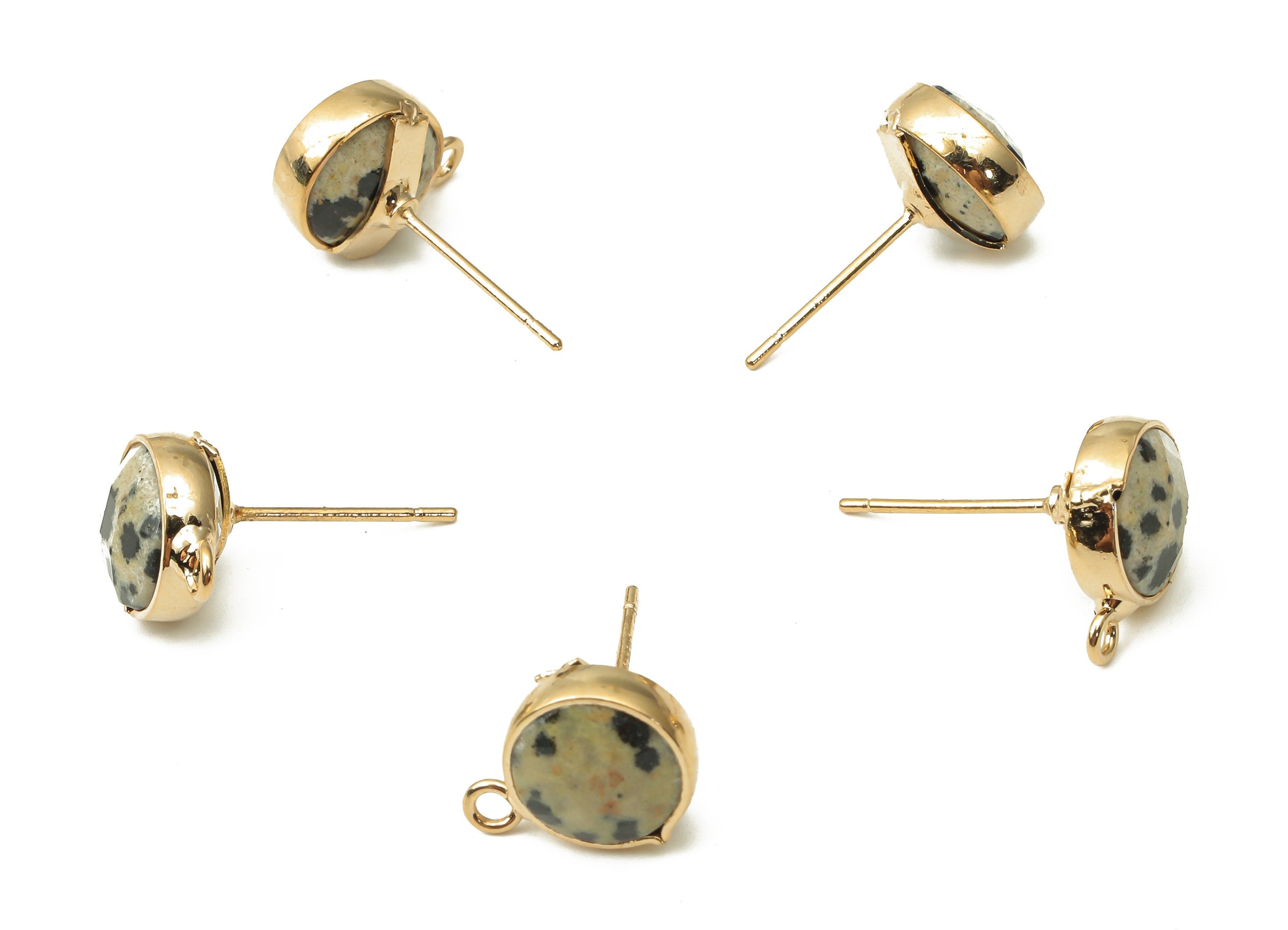 Dalmatian Jasper Stud Earrings - Jasper Jewelry - Gold Tone Plated Brass Post Earrings - Jewelry making Supplies -12.52x9.62x5.45mm- NS1862B - DOMEDBAZAAR