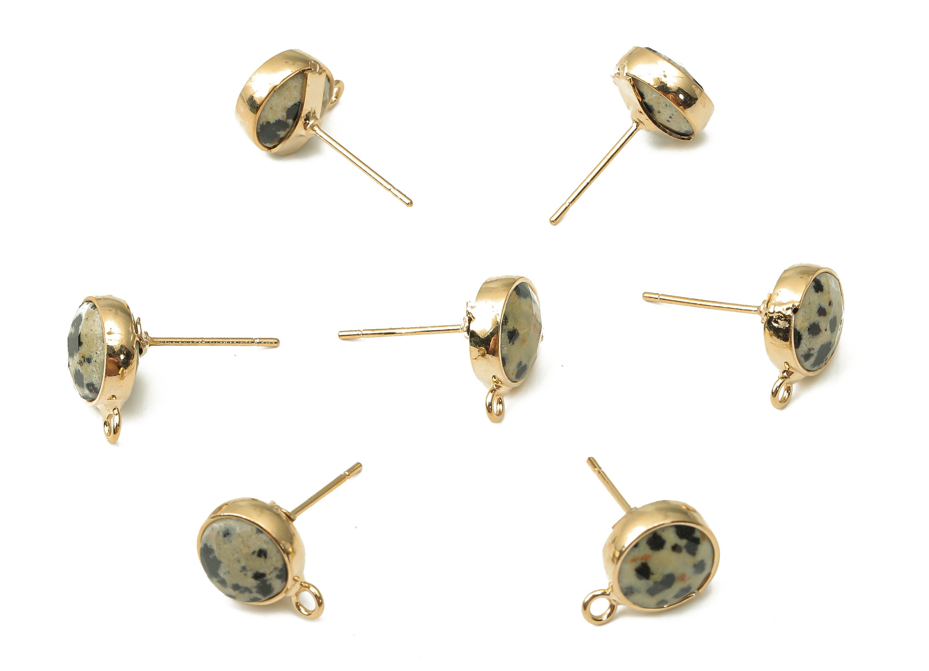 Dalmatian Jasper Stud Earrings - Jasper Jewelry - Gold Tone Plated Brass Post Earrings - Jewelry making Supplies -12.52x9.62x5.45mm- NS1862B - DOMEDBAZAAR