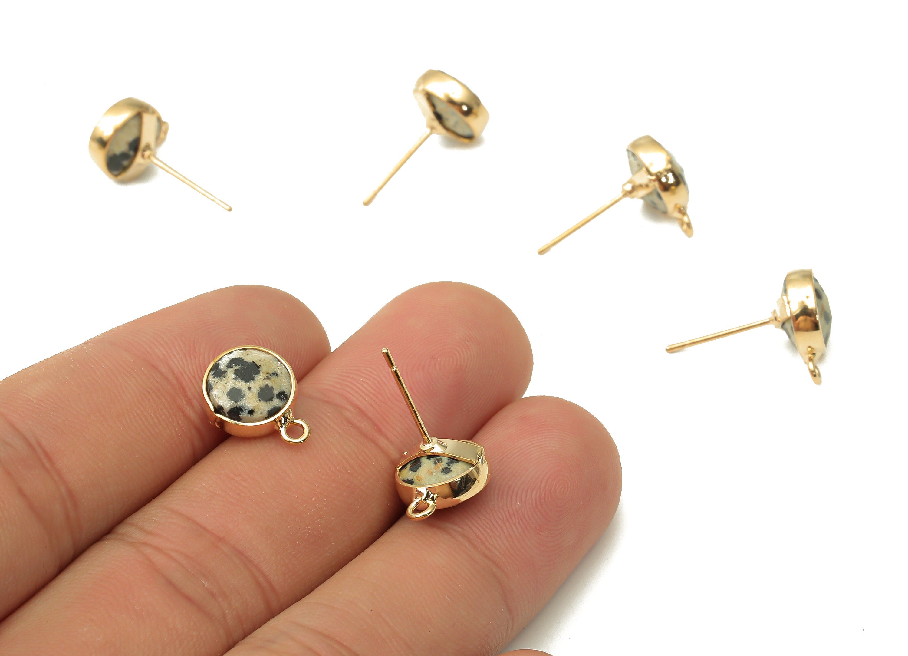 Dalmatian Jasper Stud Earrings - Jasper Jewelry - Gold Tone Plated Brass Post Earrings - Jewelry making Supplies -12.52x9.62x5.45mm- NS1862B - DOMEDBAZAAR