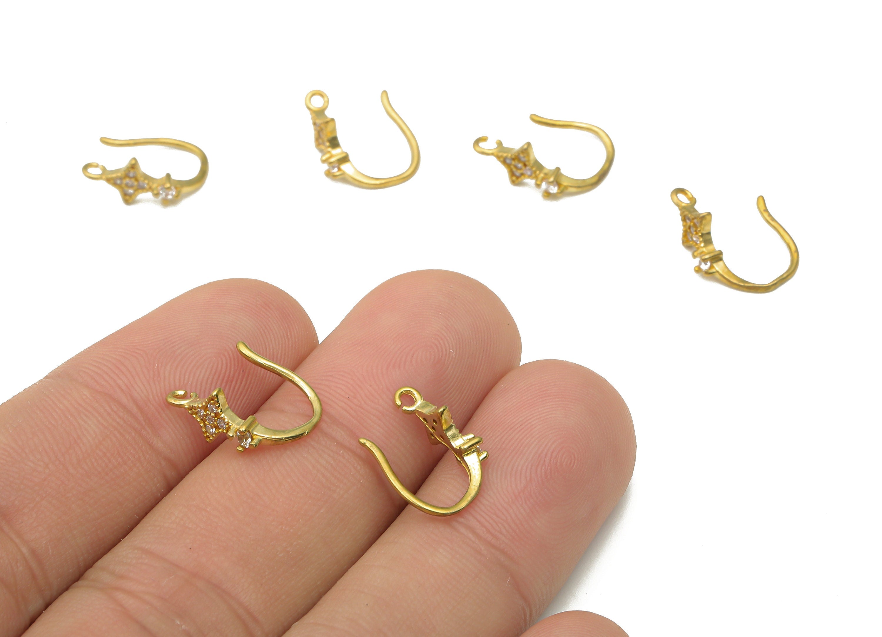 Raw Brass Ear Wires with Star Adornment - Brass Zircon Ear Wires - Jewelry Making Supplies - Earring Findings - 13.78x10.48x1.43mm - PP7498 - DOMEDBAZAAR