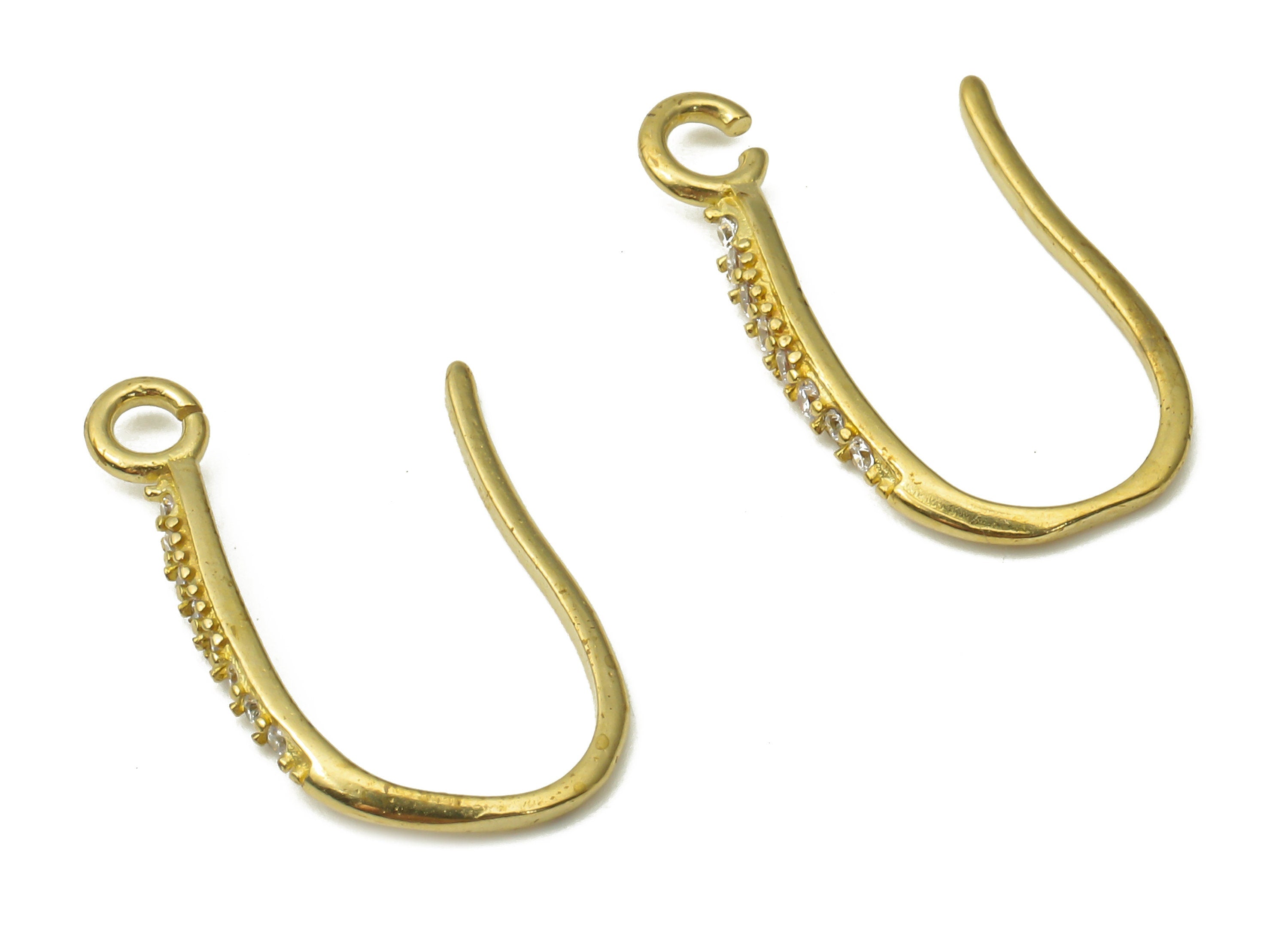 Raw Brass Hook Earrings - Zircon Paved Ear Hooks - Brass Wire Earrings with Open Ring - 18x10.93x1.52mm- PP7501 - DOMEDBAZAAR